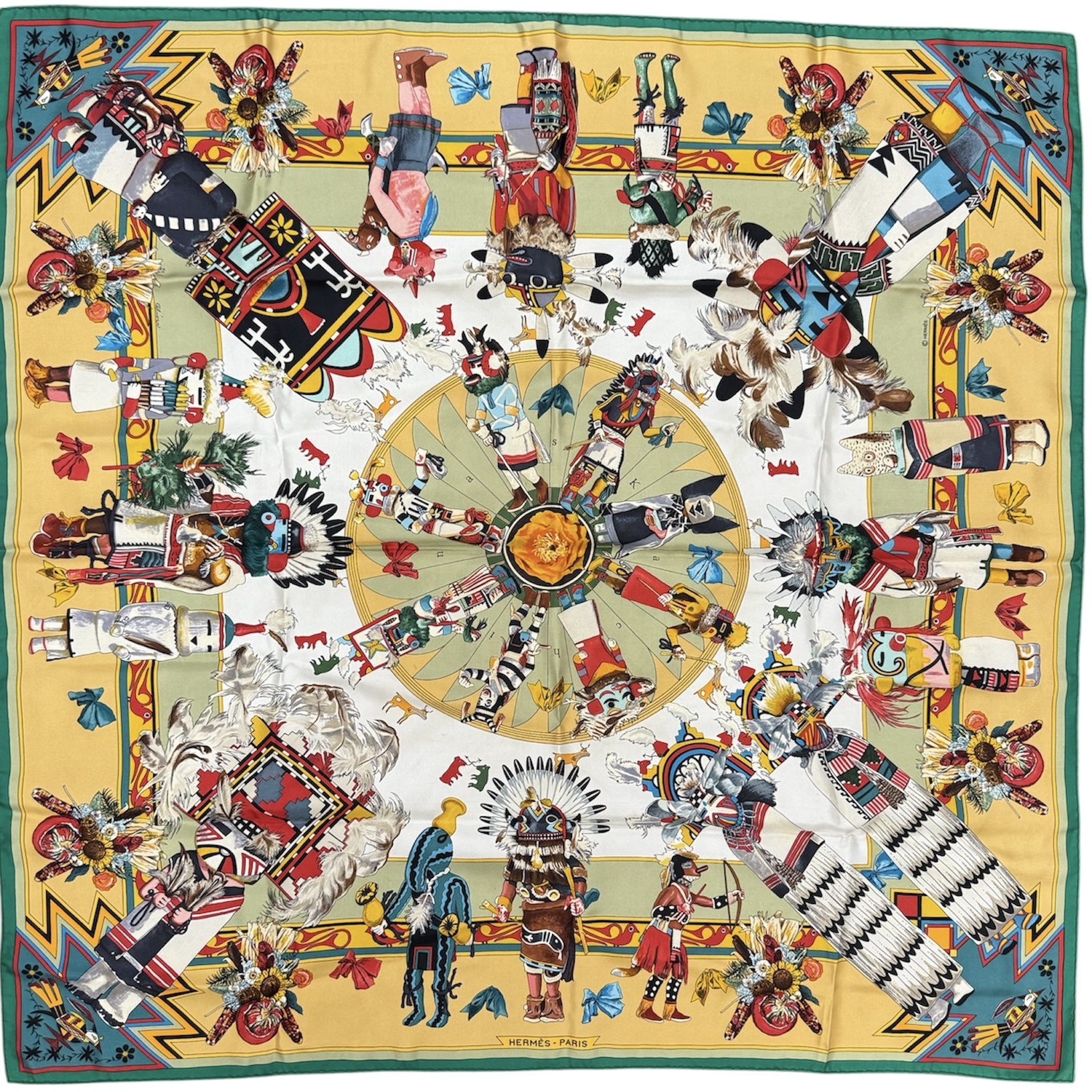 HERMES CARRE KACHINAS DE KERMIT OLIVER CONTOUR VERT