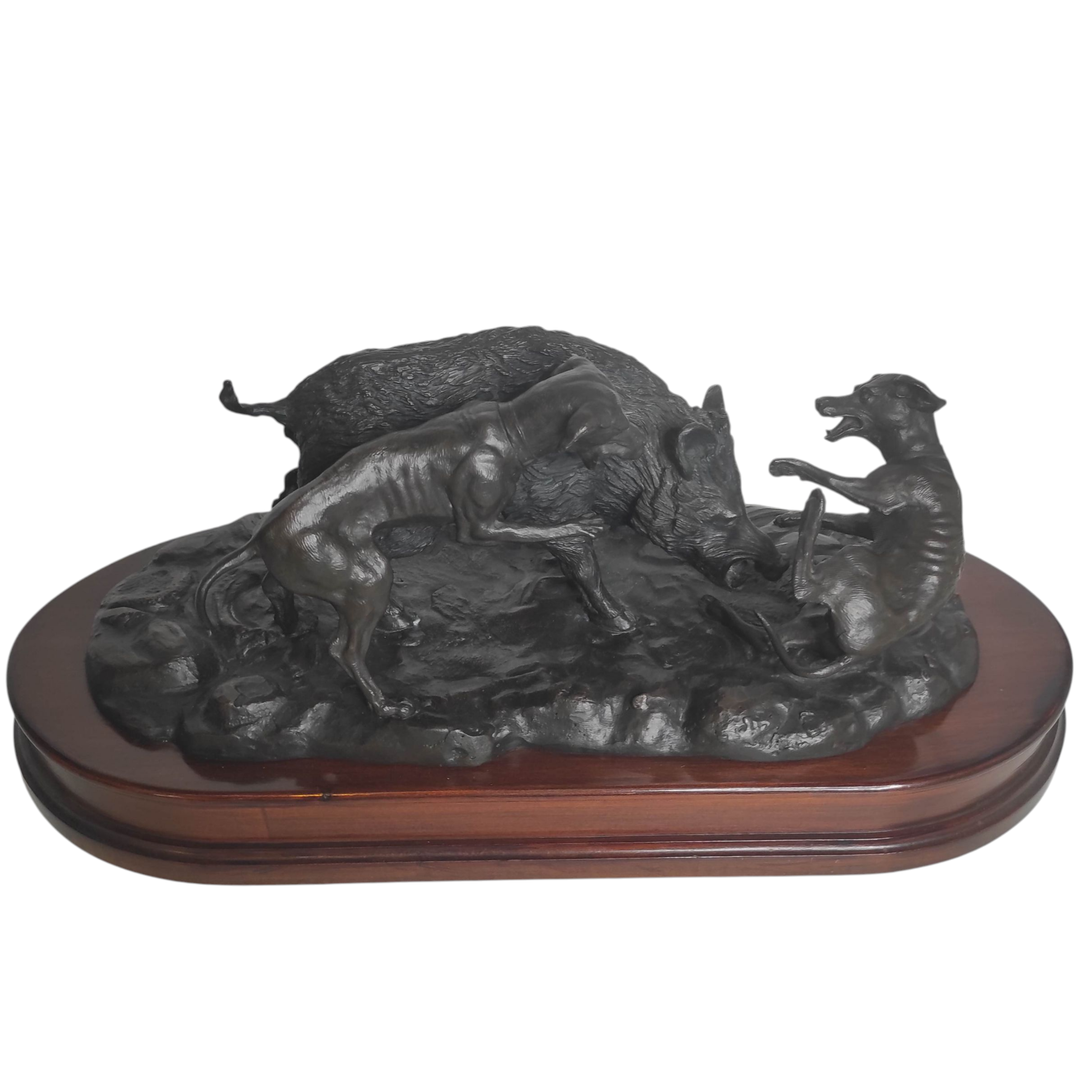 IMPORTANT BRONZE SANGLIER ET 2 CHIENS TERRASSE ACAJOU 56 X 24 X 22 CM 