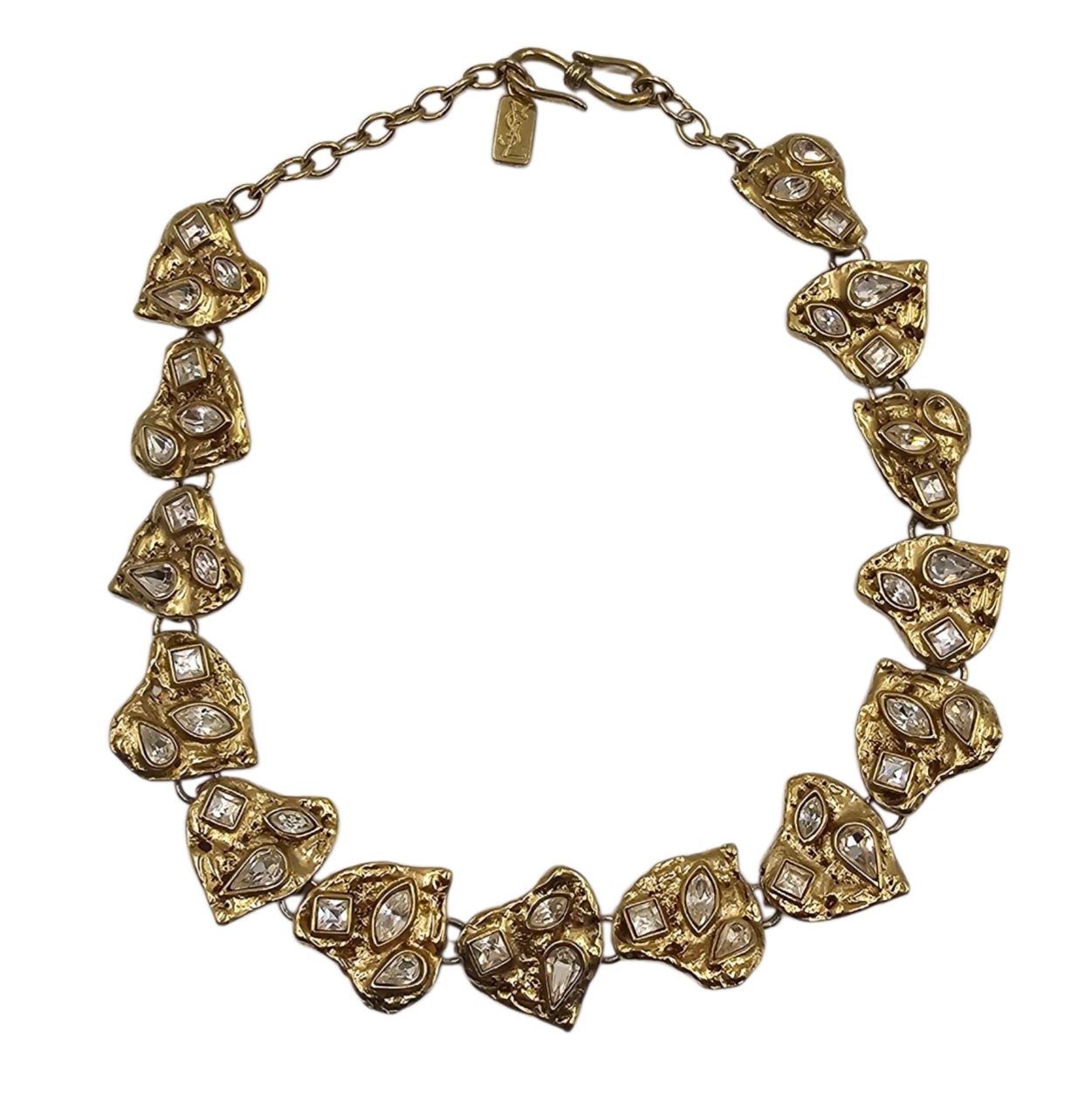 YSL YVES SAINT LAURENT COLLIER DORE ORNE DE STRASS PAR GOSSENS (MANQUE 1 STRASS)