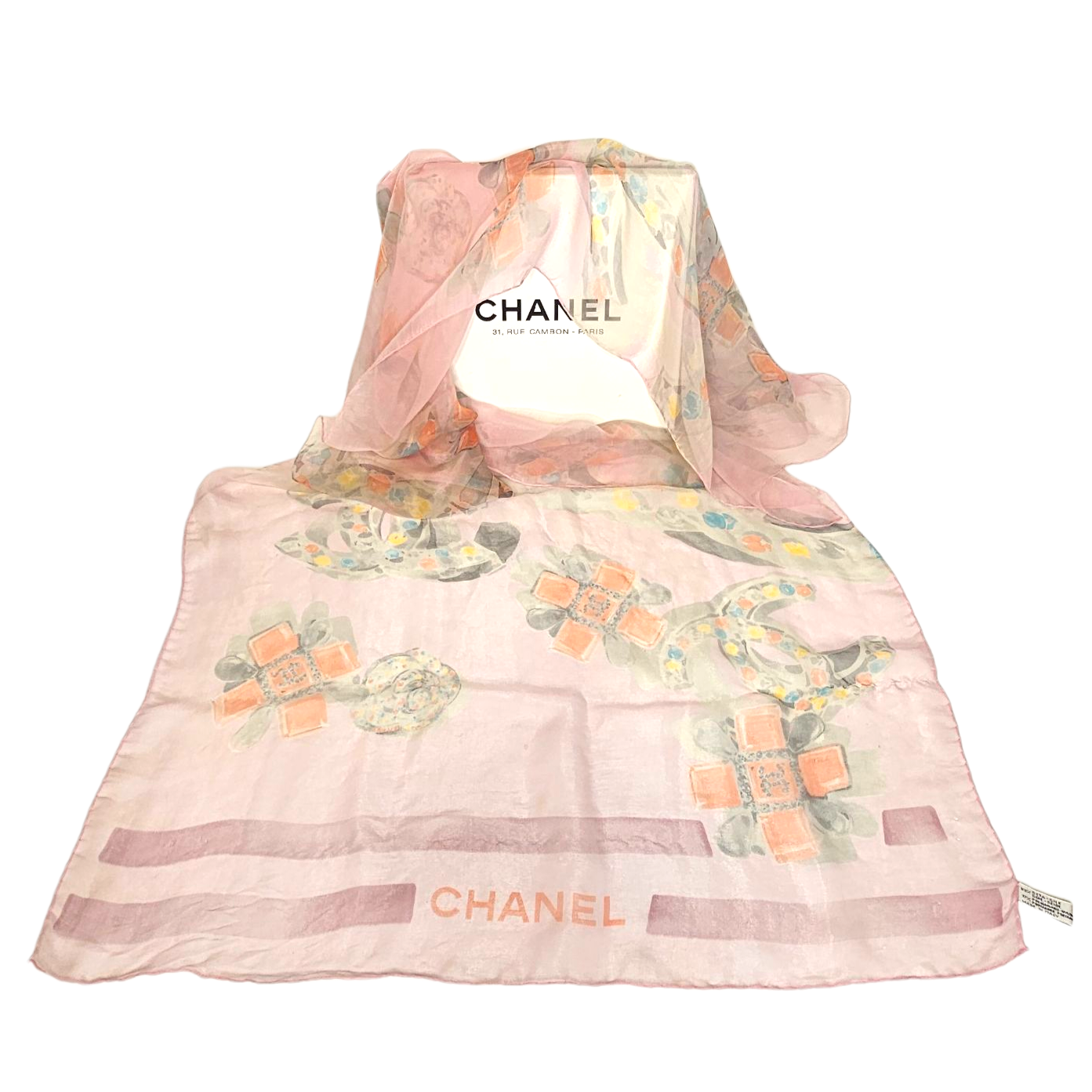CHANEL ETOLE JOAILLERIE EN MOUSSELINE DE SOIE (83%) FOND ROSE + BOITE