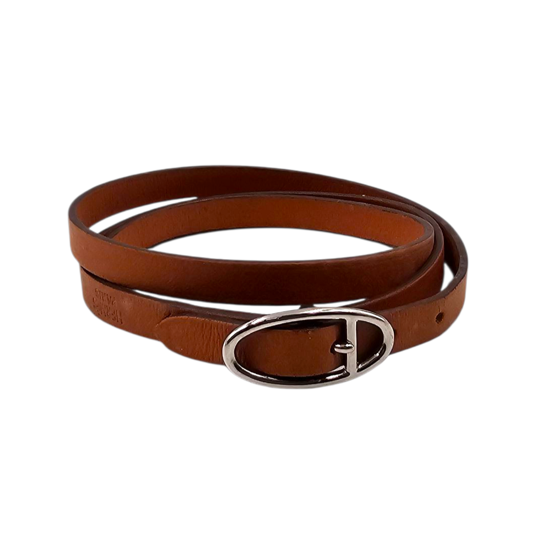 HERMES BRACELET TRIPLE TOUR EN CUIR ORANGE BOUCLE PALLADIUM ARGENTE