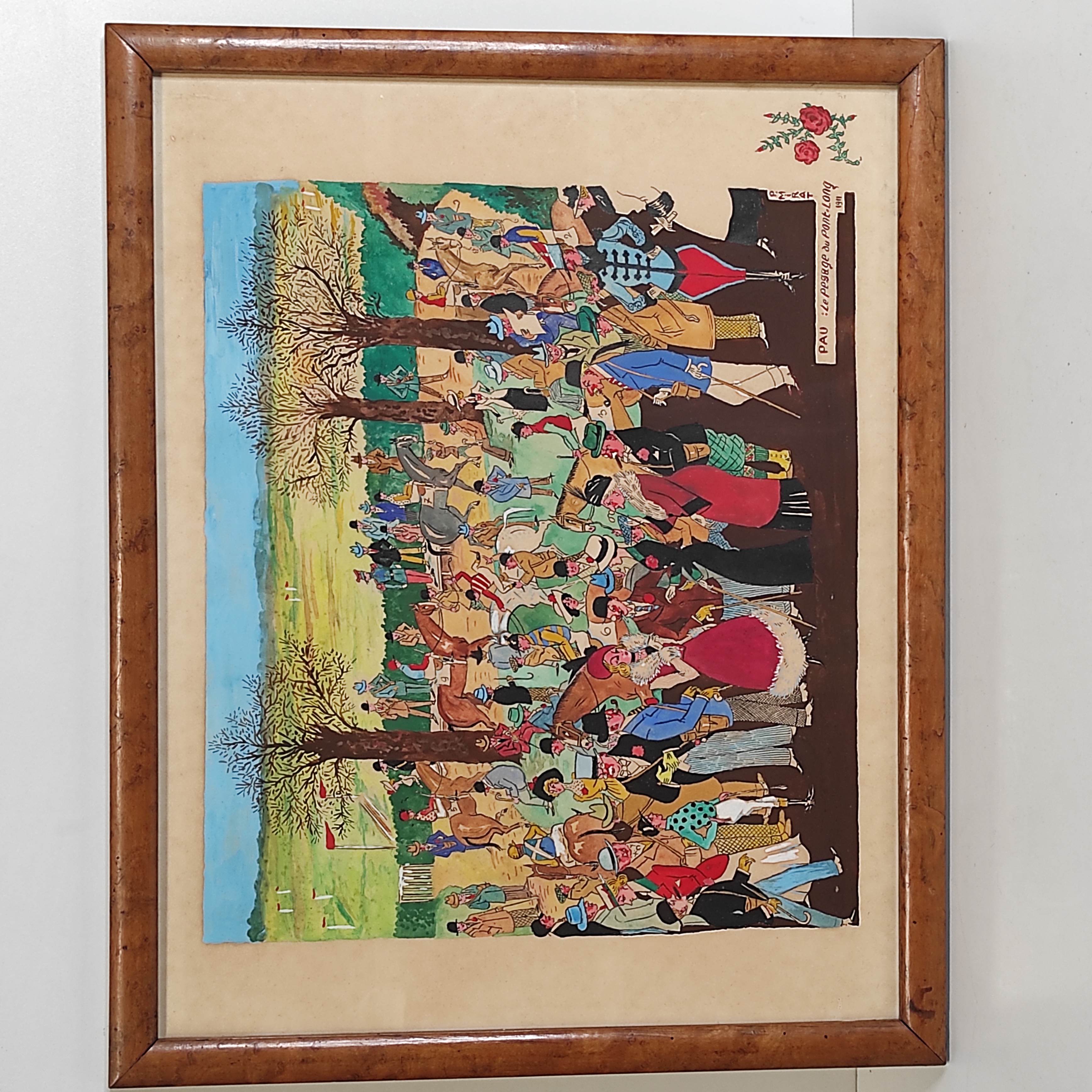 GOUACHE HUMORISTIQUE DE PAUL MIRAT LE PESAGE DU PONT LONG 1911