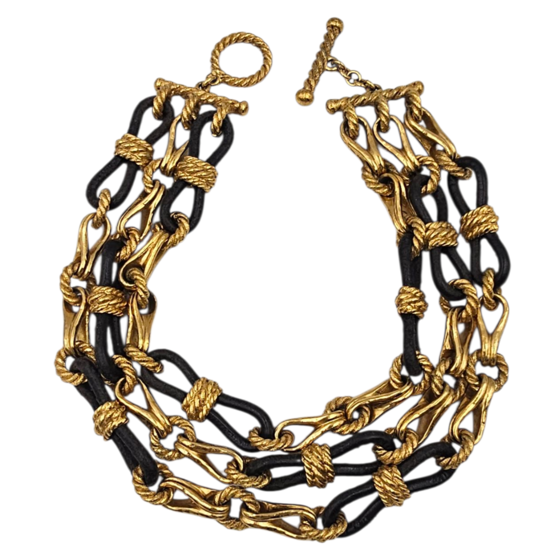 CHRISTIAN DIOR BOUTIQUE COLLIER 3 RANGEES METAL DORE ET CUIR FERMOIR T
