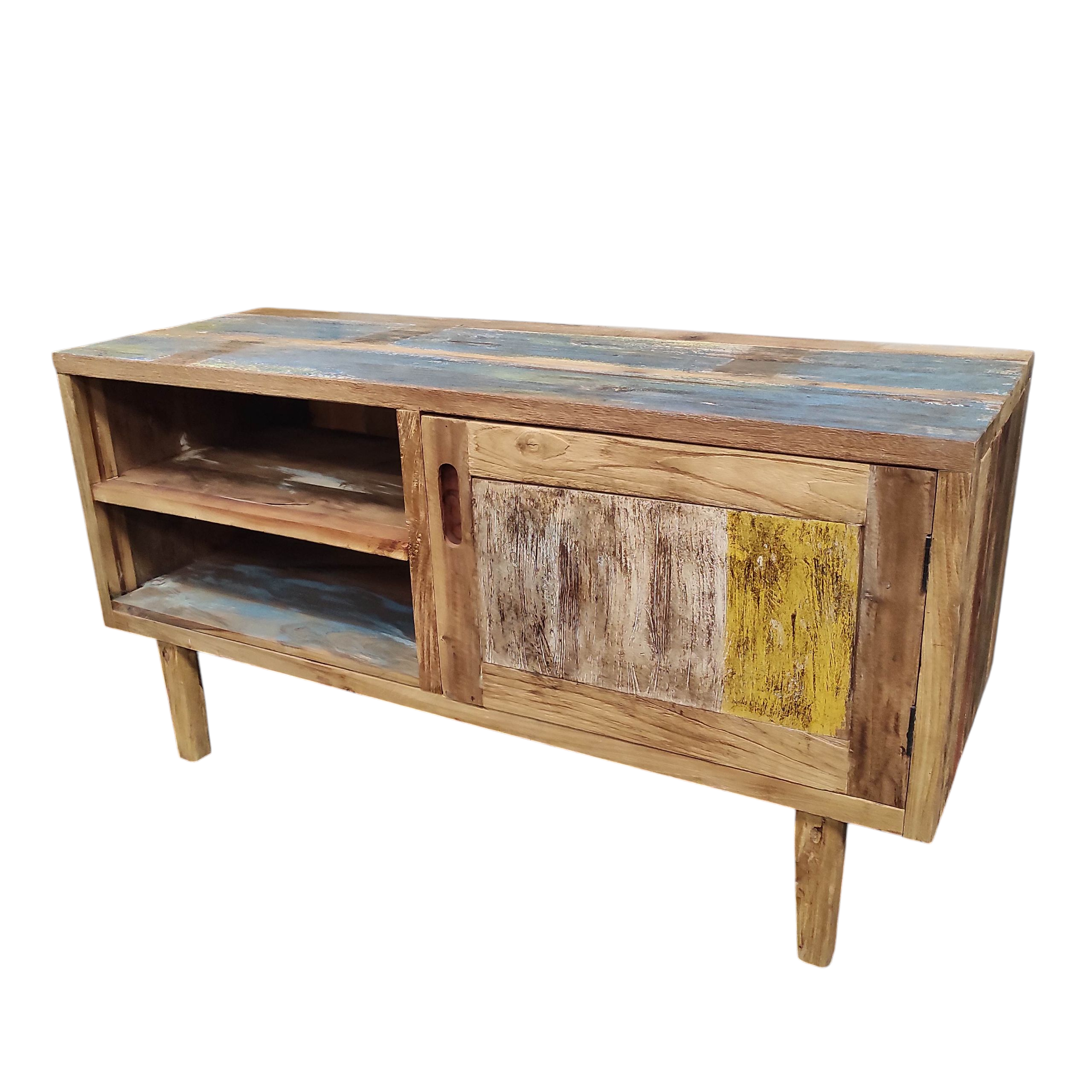 COL1 / MEUBLE TV 1 PORTE EN TECK POLYCHROME 115/60/40 CM