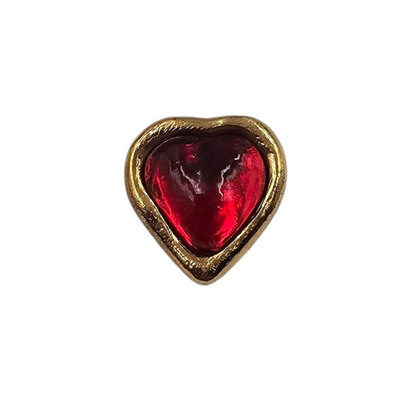 YSL YVES SAINT LAURENT BROCHE COEUR DORE CABOCHON ROUGE