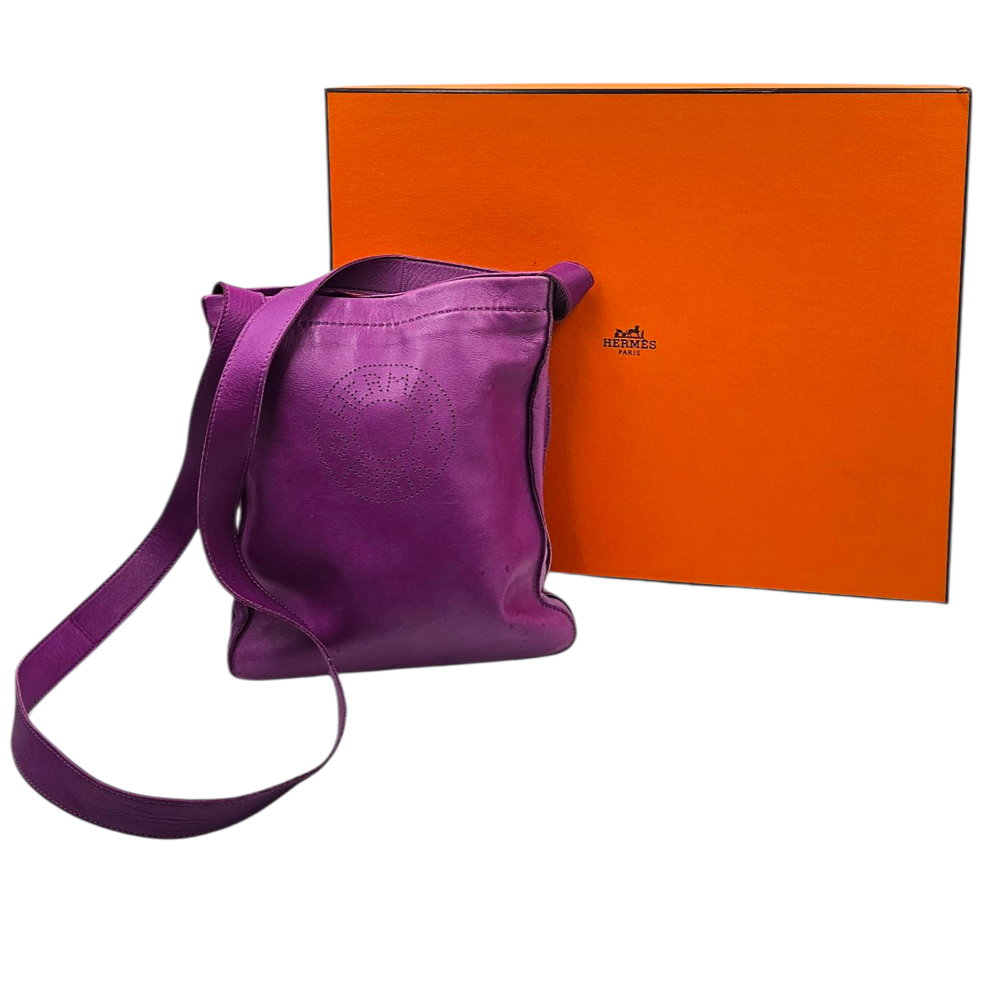 HERMES SAC POCHETTE CLOU DE SELLE EN CUIR VIOLET 2010 + DUST  BAG + FACT + BOITE
