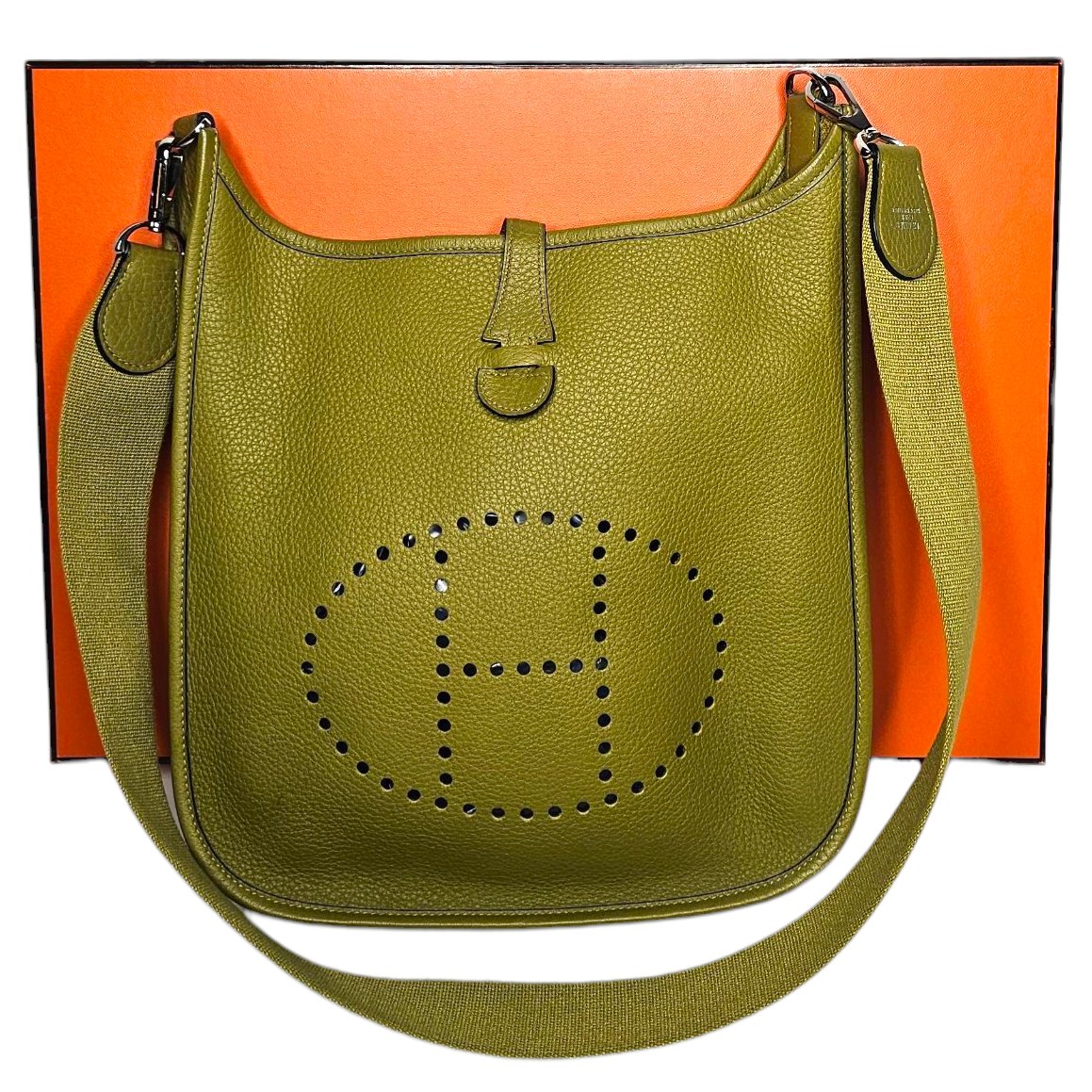 HERMES SAC EVELYNE I PM CUIR TAURILLON VERT CHARTREUSE + DUST BAG + BOITE + FACT