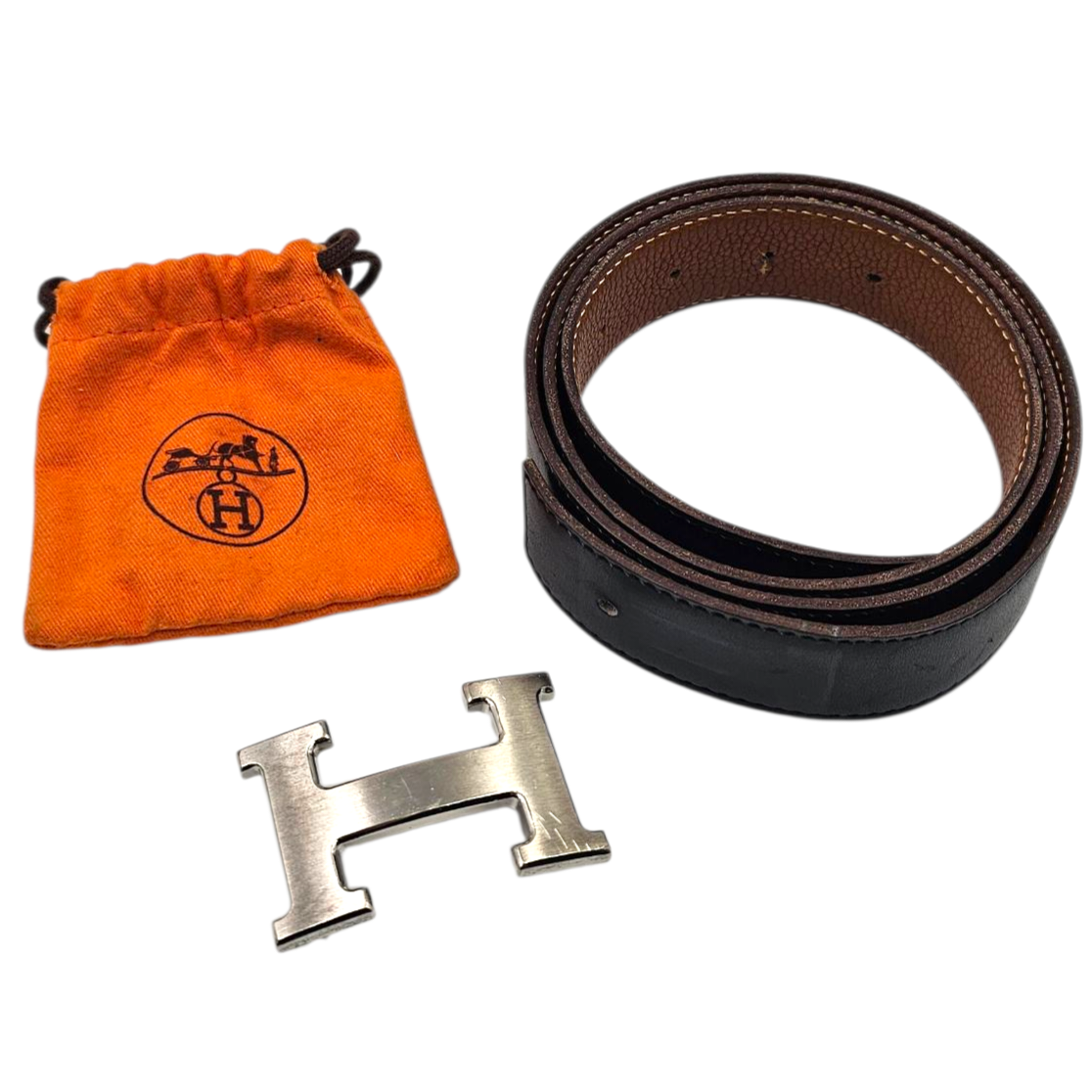 HERMES CEINTURE CONSTANCE PHW CIR REVERSIBLE NOIR / GOLD T.90 + POCHON