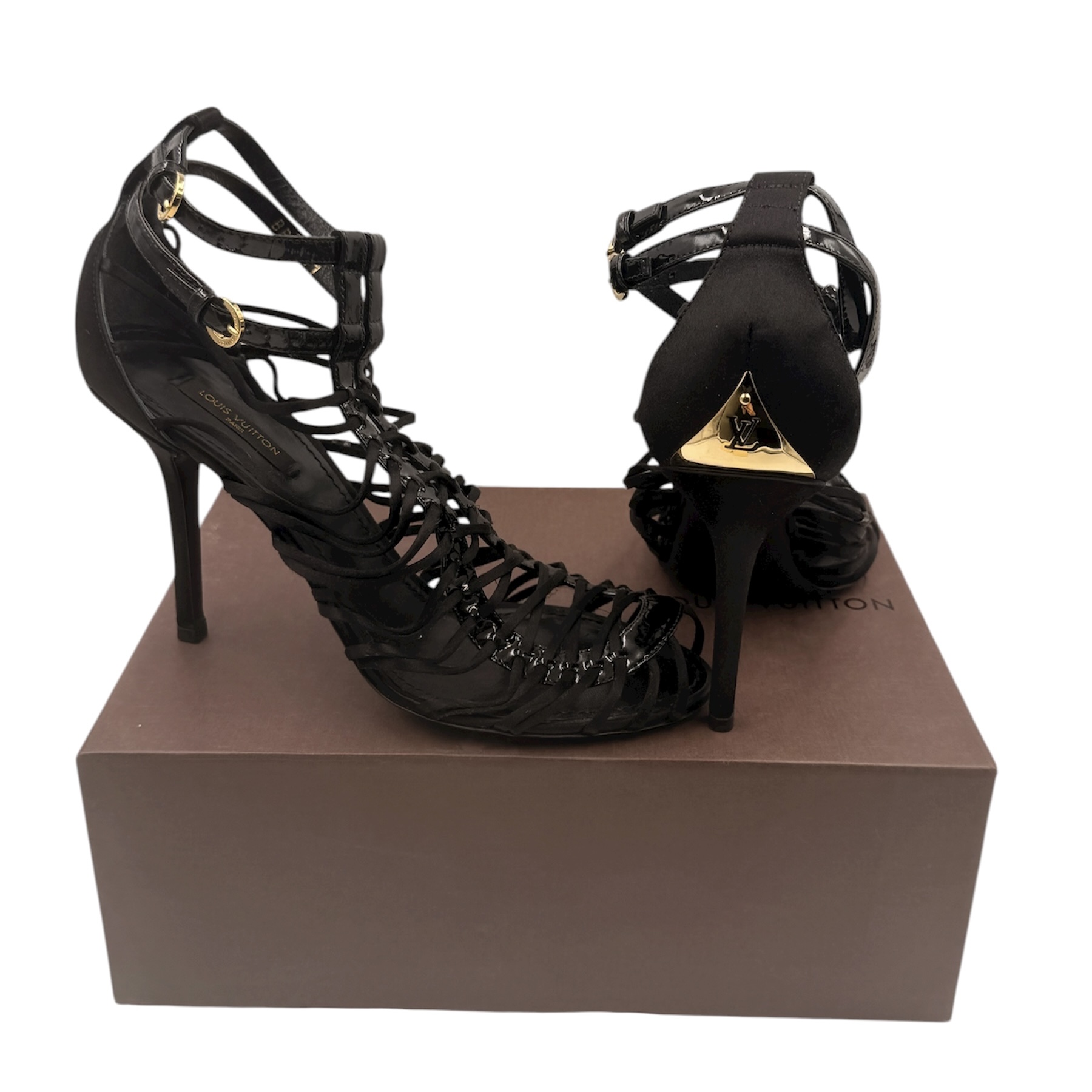 LOUIS VUITTON ESCARPINS A LANIERES (BR1111) SATIN ET CUIR VERNIS T.38 1/2 BOITE