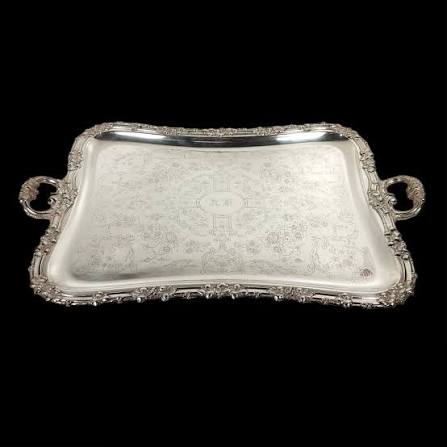 TRES GRAND PLATEAU A DESSERVIR EN METAL ARGENTE MONG. 58 X 45 CM