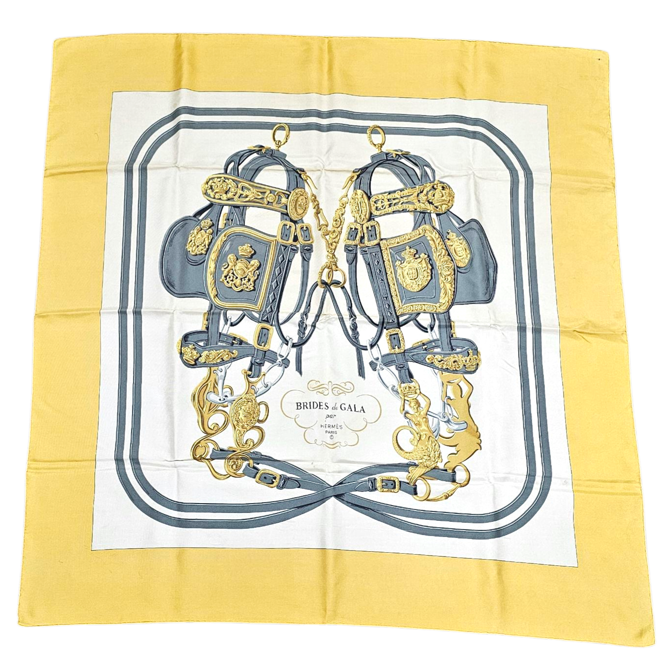 HERMES CARRE BRIDES DE GALA DE HUGO GRYGKAR CONTOUR JAUNE (UN PETIT TROU)