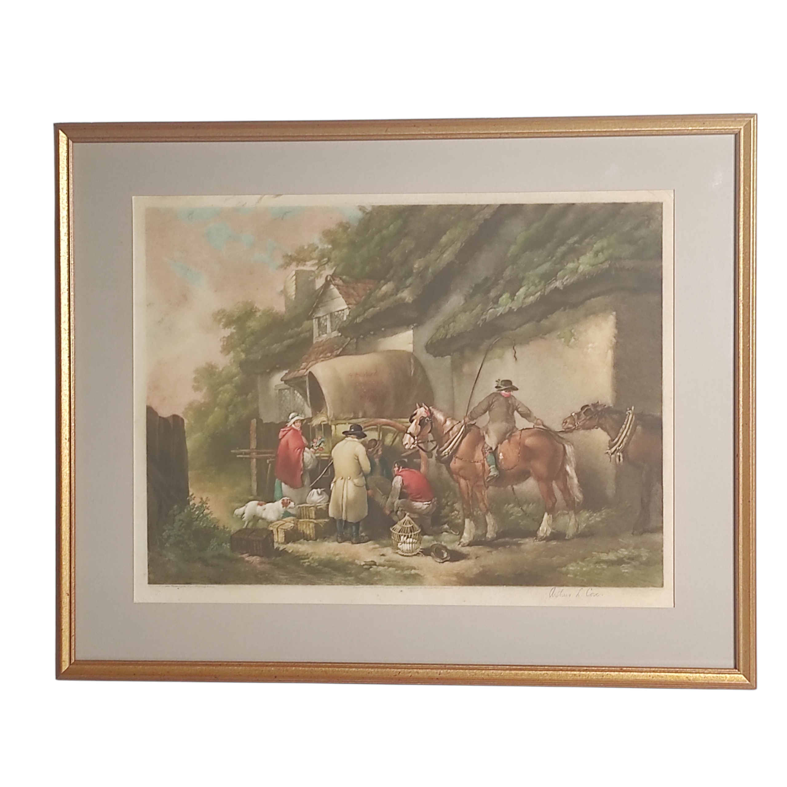 GRAVURE ANGLAISE ARTHUR COX THE CORRIER PREPARING TO SET OUT 72 x 57 CM