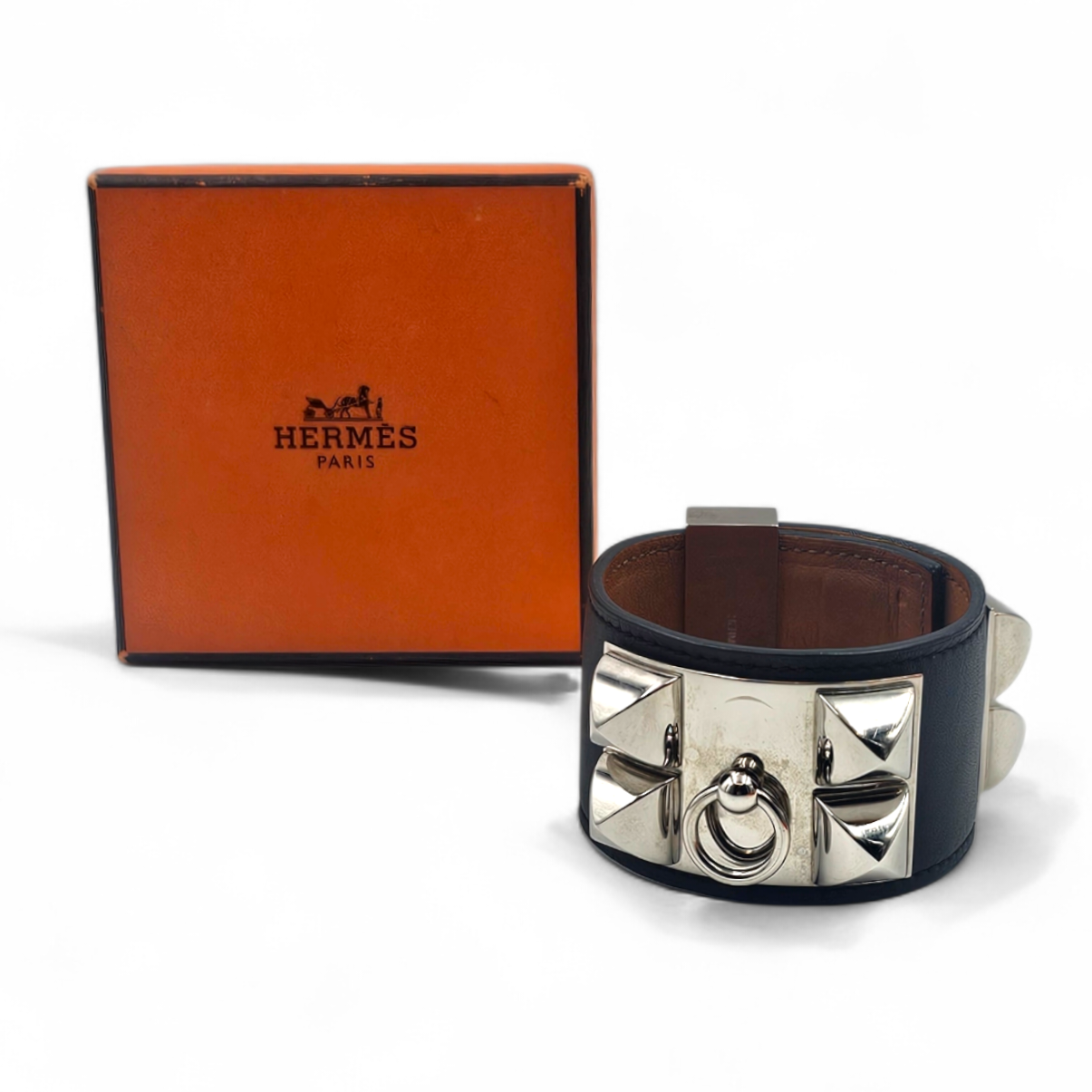 HERMES BRACELET COLLIER DE CHIEN EN CUIR BLEU CABAN PHW + POCHON + BOITE + FACT