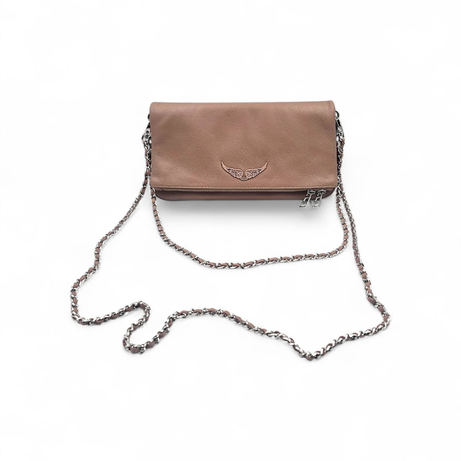ZADIG & VOLTAIRE SAC ROCK EN CUIR BEIGE ROSE AVEC BANDOULIERE + DUST BAG