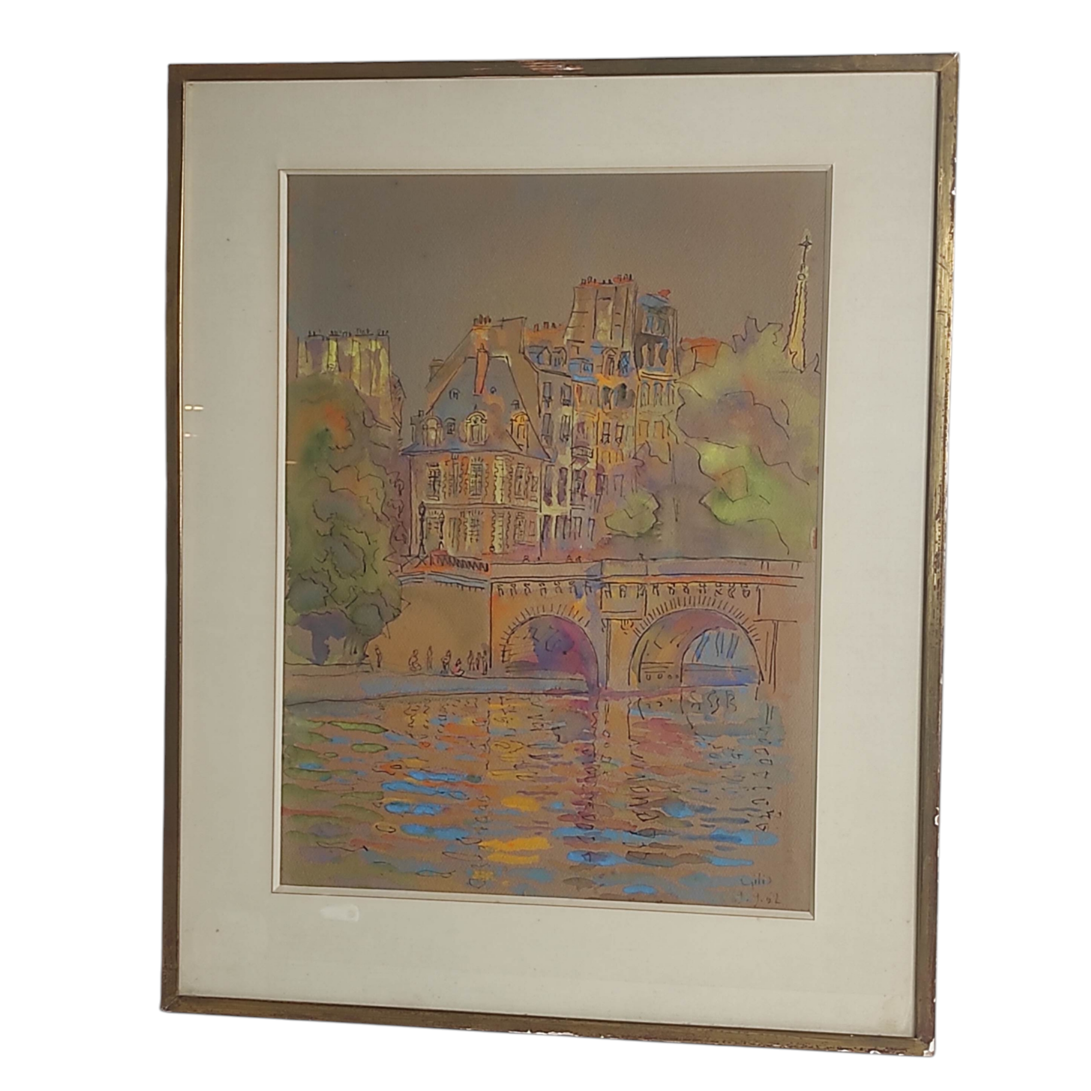JEAN GILIS GOUACHE SUR PAPIER LES BORDS DE SEINE 82 x 66 CM