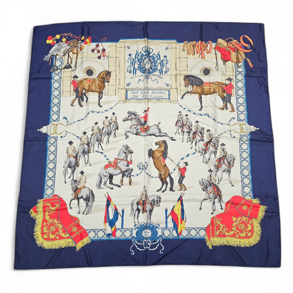 HERMES CARRE ESCUELA ANDALUZA DE HUBERT DE WATRIGANT CONTOUR BLEU + BOITE