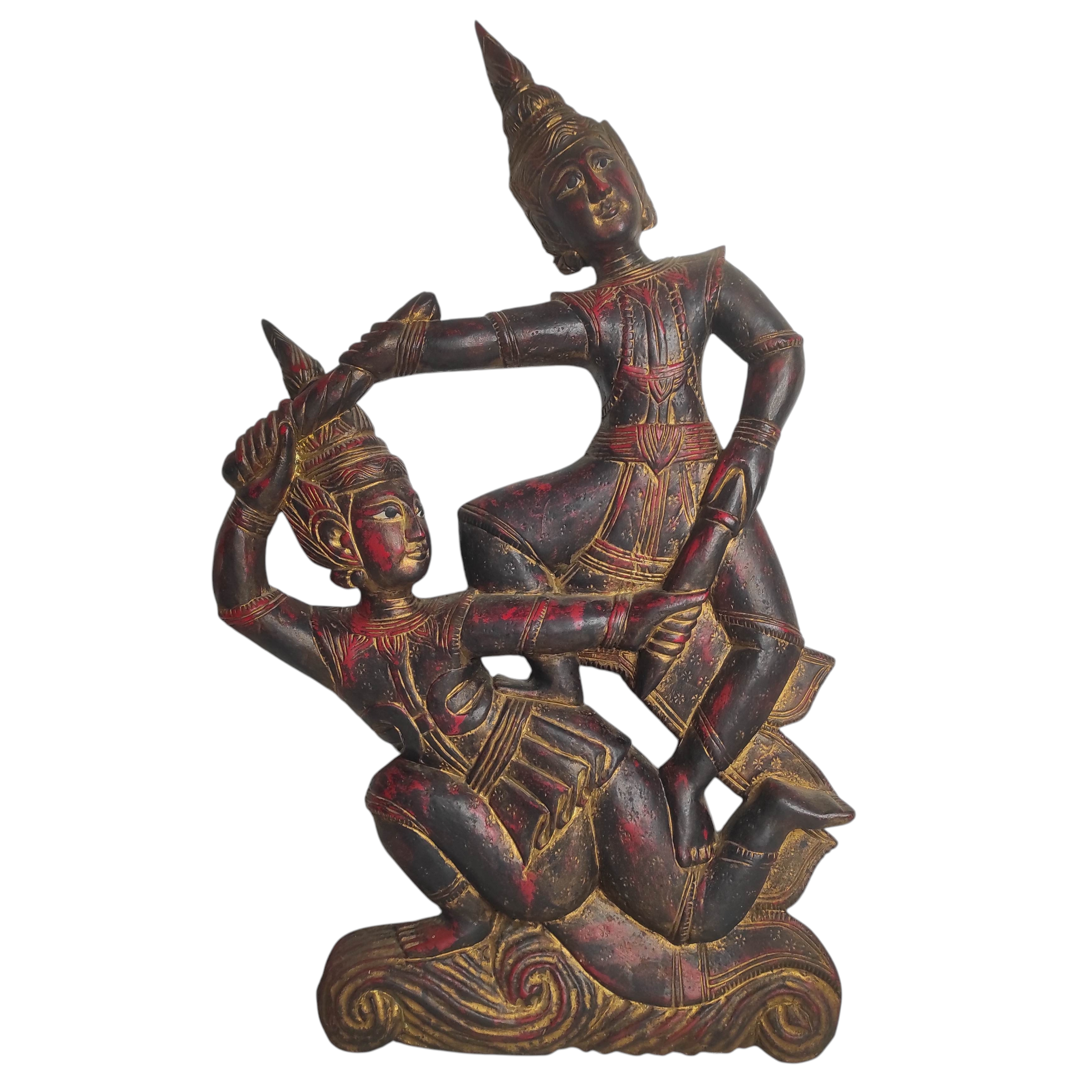 BAS RELIEF EN BOIS DANSEURS THAILANDAIS H 80 CM