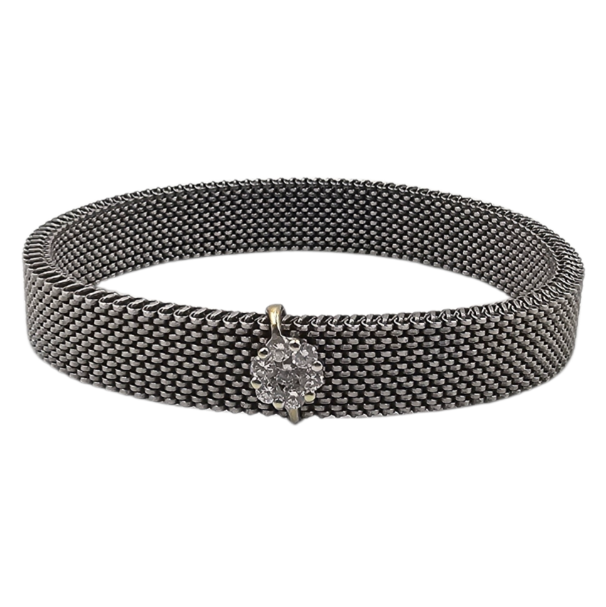 BRACELET EXTENSIBLE ACIER GRIS PASTILLE DE DIAMANTS SUR OR GRIS PB 15.71 GR