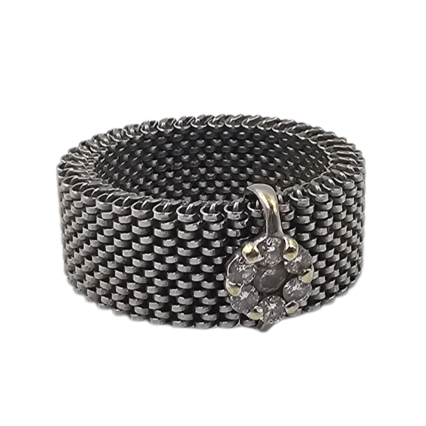 BAGUE EXTENSIBLE ACIER GRIS PASTILLE DE DIAMANTS SUR OR GRIS PB 6.45 GR