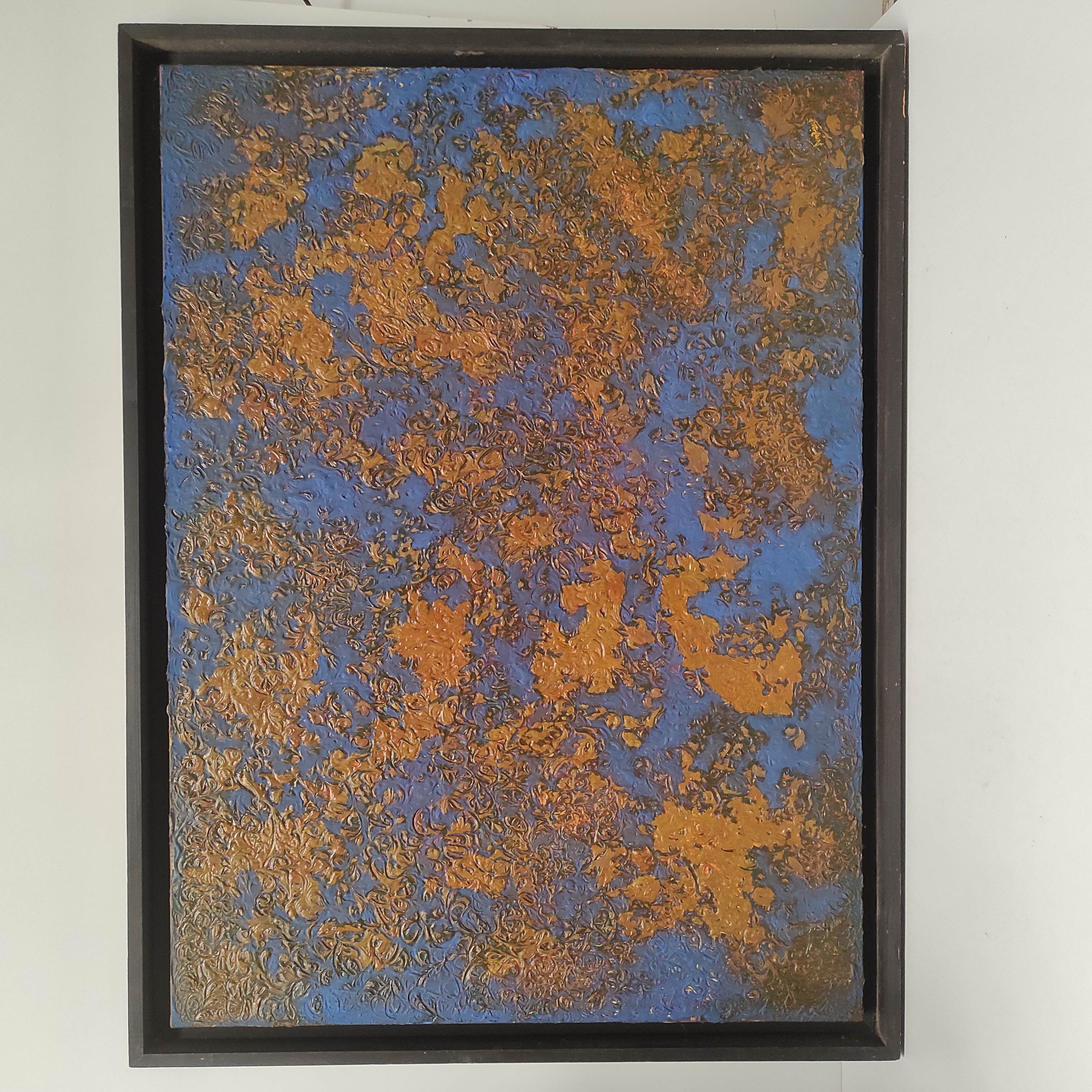 DURBIANO HST COMPOSITION ABSTRAITE BLEUE ET OCRE 100 x 73 CM