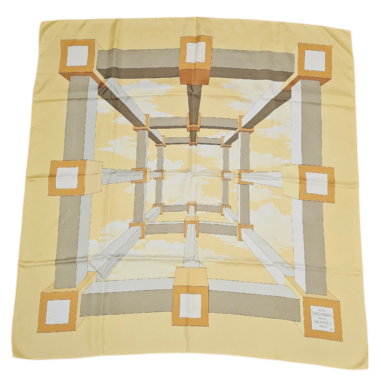 HERMES CARRE PERSPECTIVE DE A.M. CASSANDRE FOND JAUNE