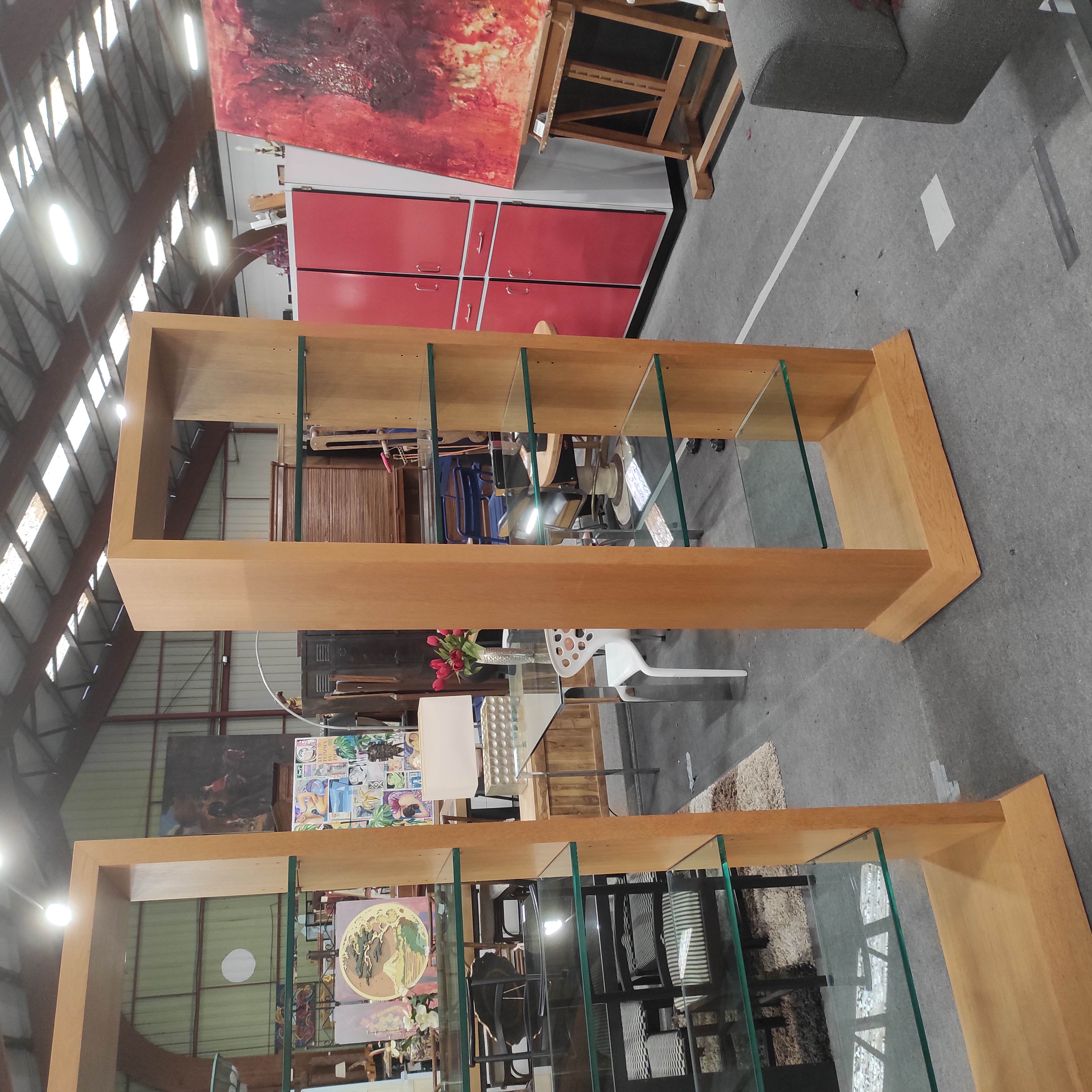 BIBLIOTHEQUE 5 ETAGERES EN VERRE EPAISSEUR 15 MM PLACAGE CHENE 