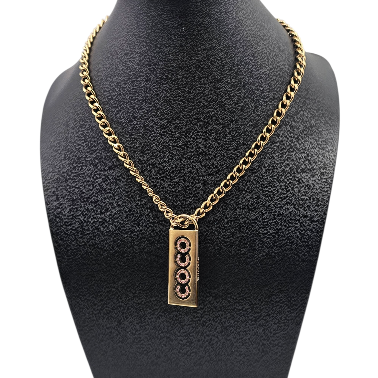 CHANEL COLLIER COCO STRASS SWAROVSKI ROSE SUR METAL DORE COLL. PRINT. 2002