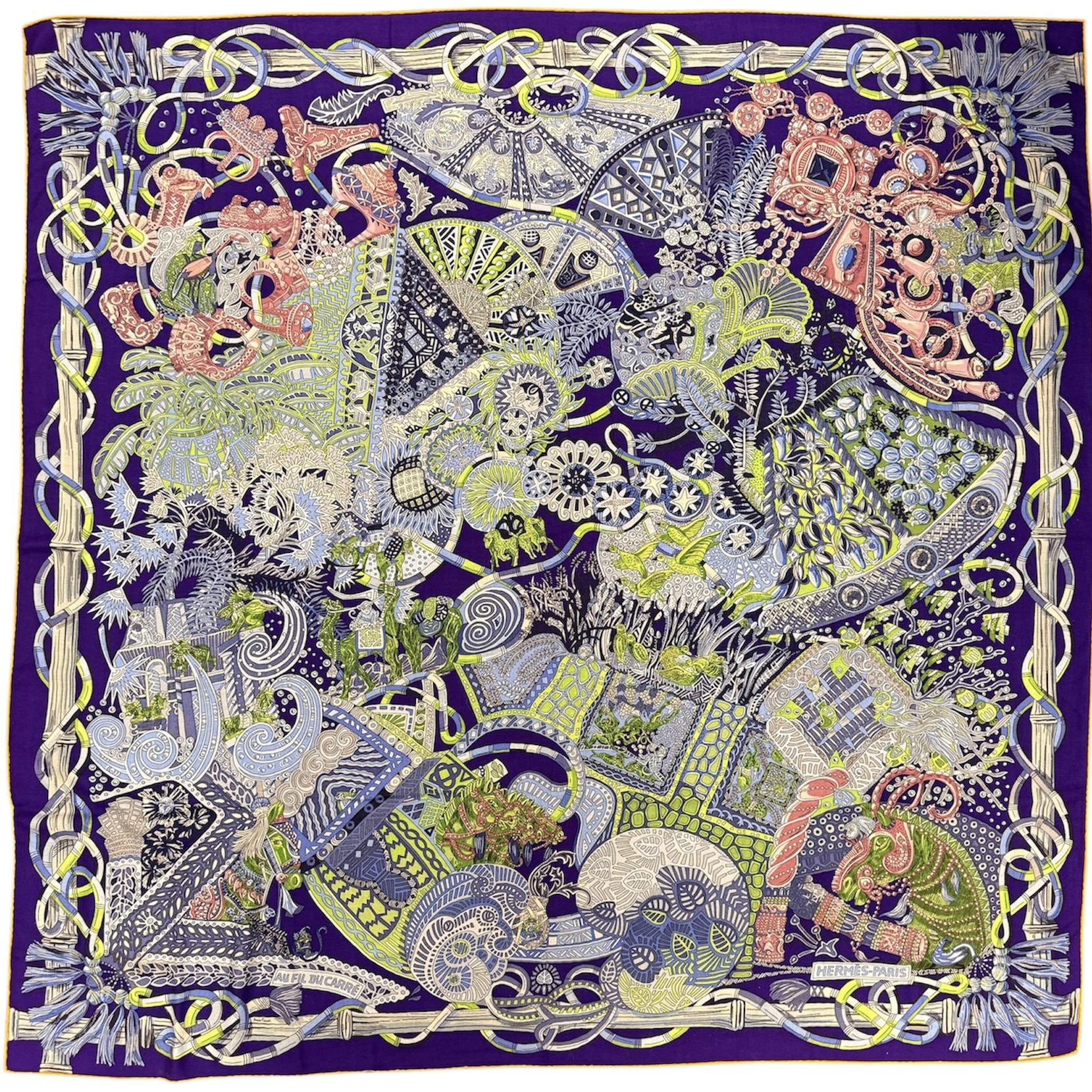 HERMES CHALE AU FIL DU CARRE DE FAIVRE ANNIE 65% CACHEMIRE 35% SOIE FOND INDIGO