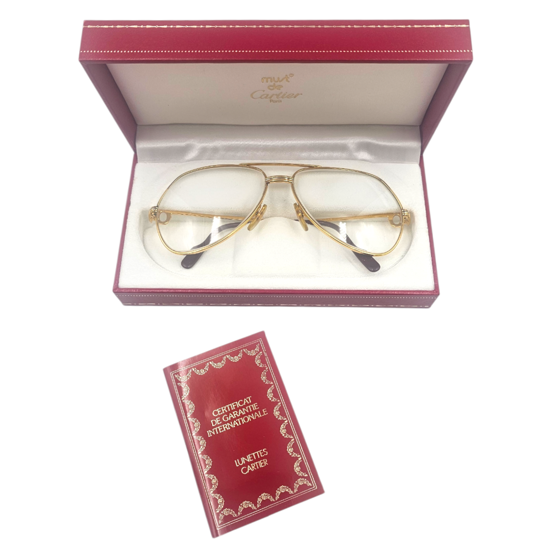 CARTIER LUNETTES TRINITY EN PLAQUE OR (546102) T.59 + C.A. + ECRIN CIRCA 1987