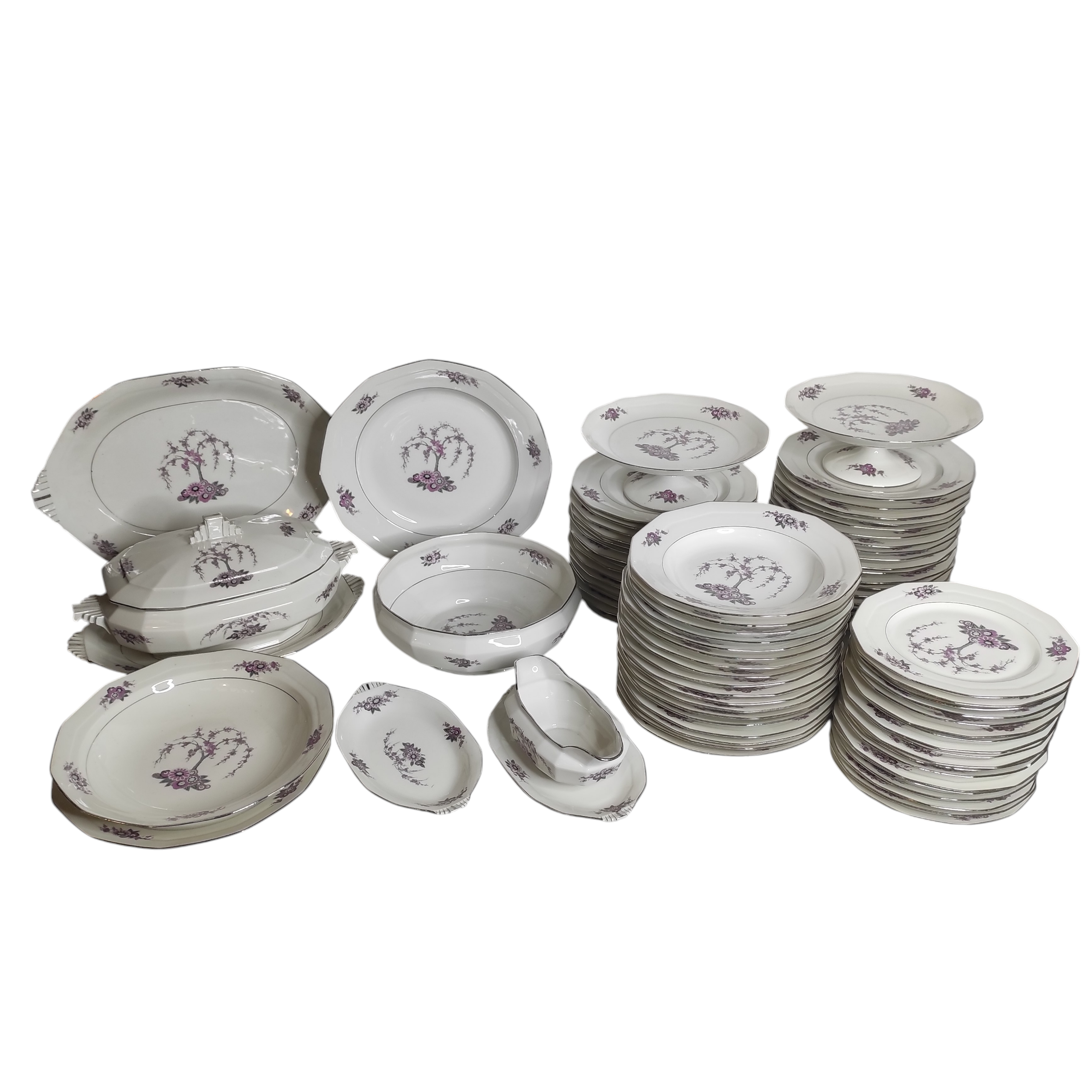 LIMOGES SERVICE DE TABLE ART DECO LISERE ARGENTE ET FLEURS ROSE (ECLATS)
