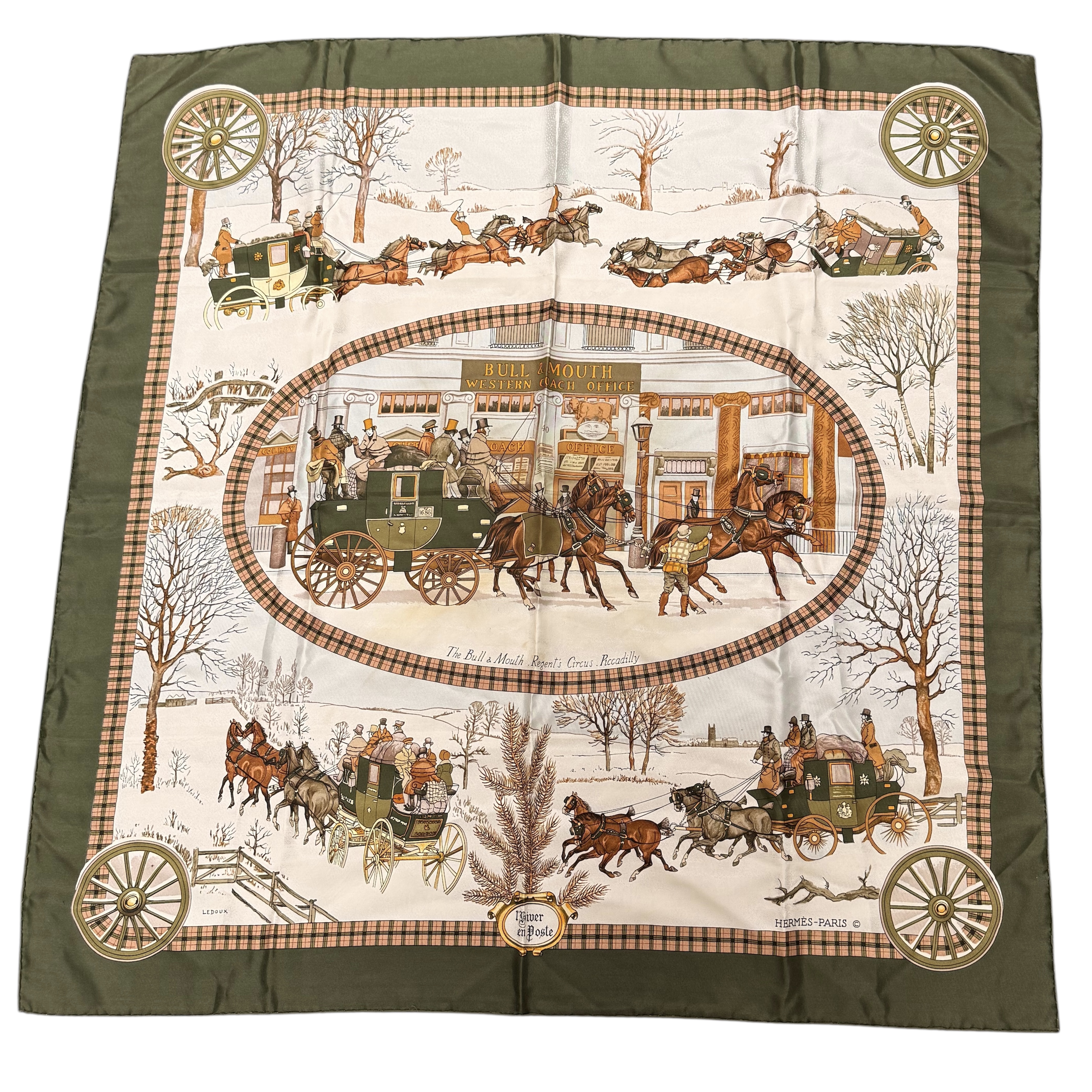 HERMES CARRE L HIVER EN POSTE DE PHILIPPE LEDOUX CONTOUR VERT (TACHES)