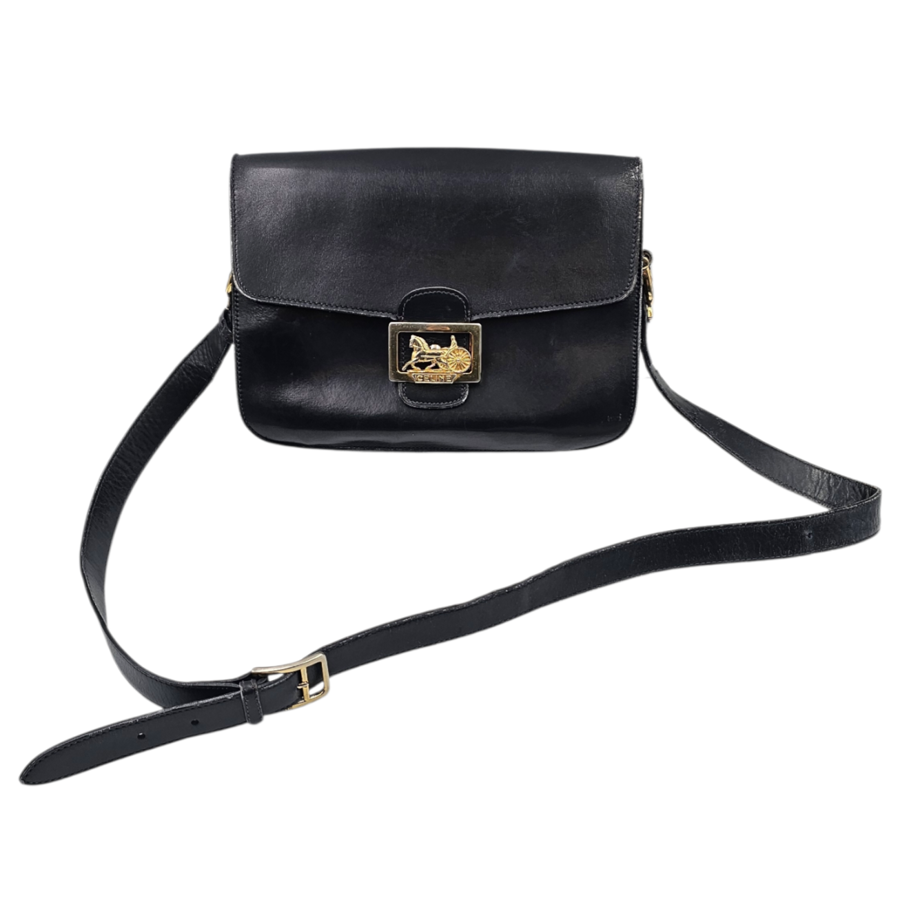 CELINE SAC CALECHE EN CUIR LISSE BLEU MARINE BIJOUTERIE DOREE