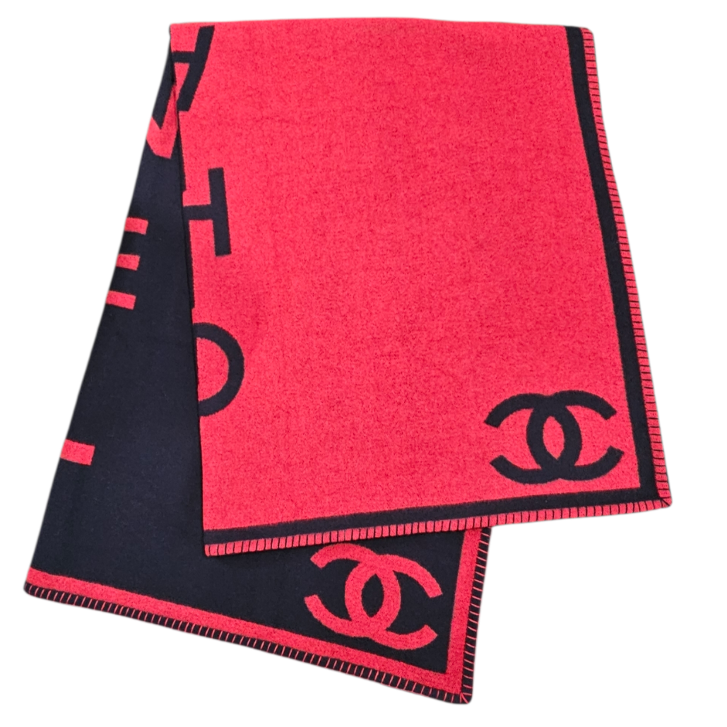 CHANEL COUVERTURE PLAID ROUGE ET BLEU 90% LAINE 10% CACHEMIRE 185 x 135 CM +DB
