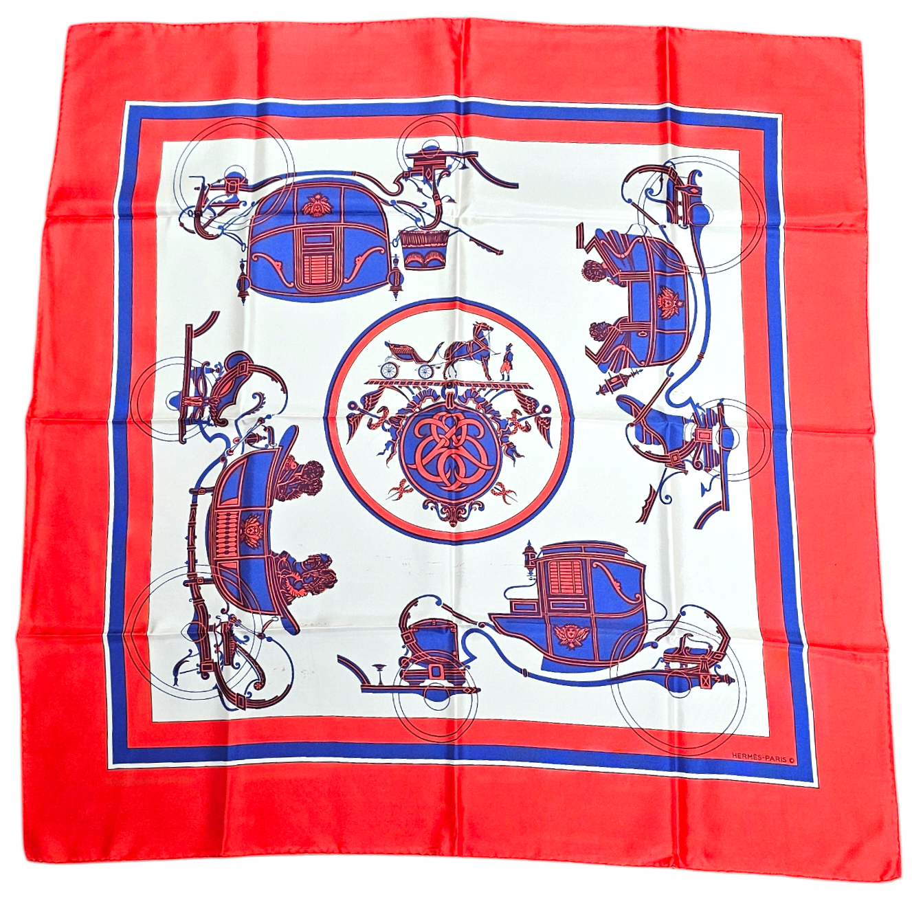 HERMES CARRE EX-LIBRIS DE HUGO GRYGKAR CONTOUR ROUGE (PETITES TACHES)