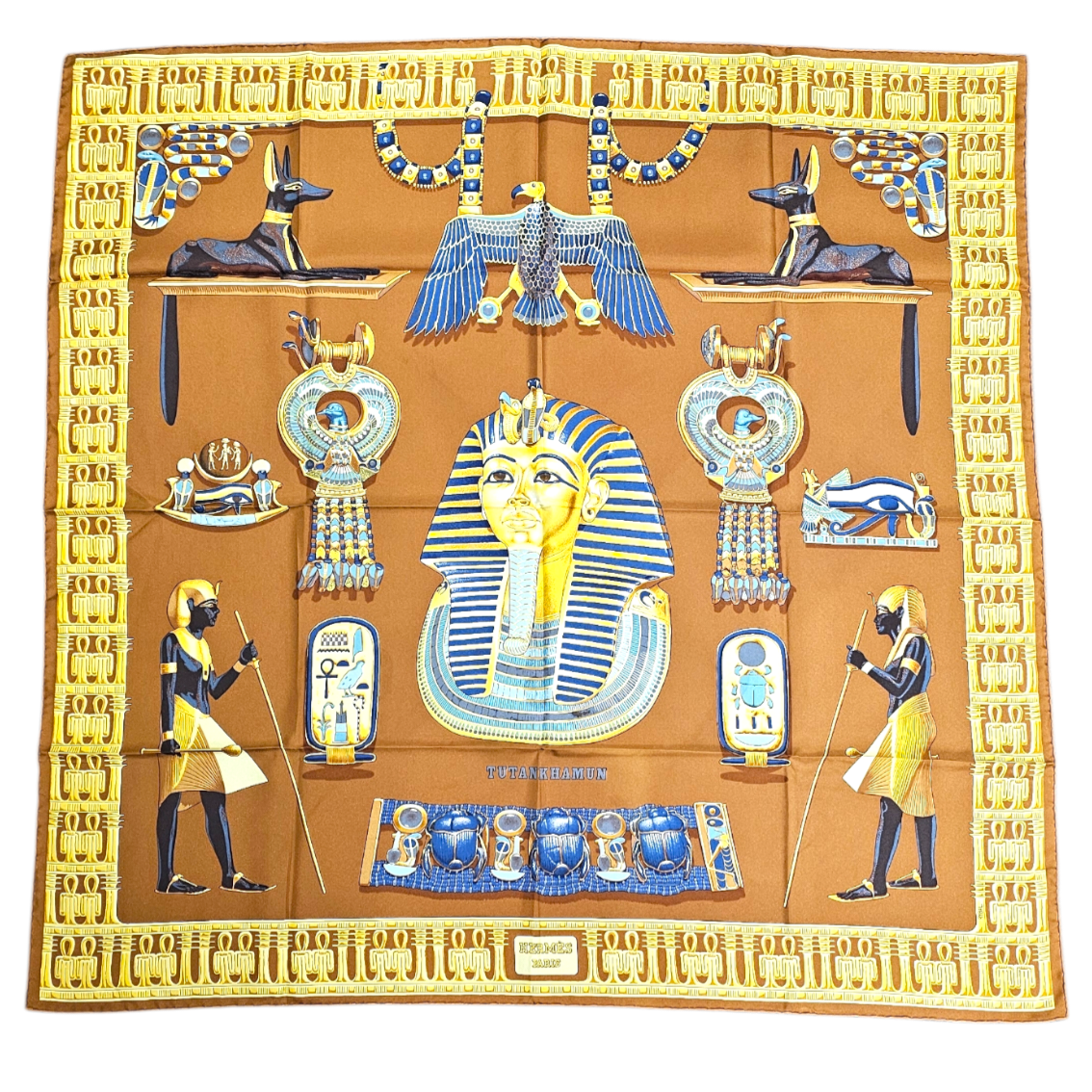 HERMES CARRE TUTANKHAMUN DE VLADIMIR RYBALTCHENKO FOND MARRON