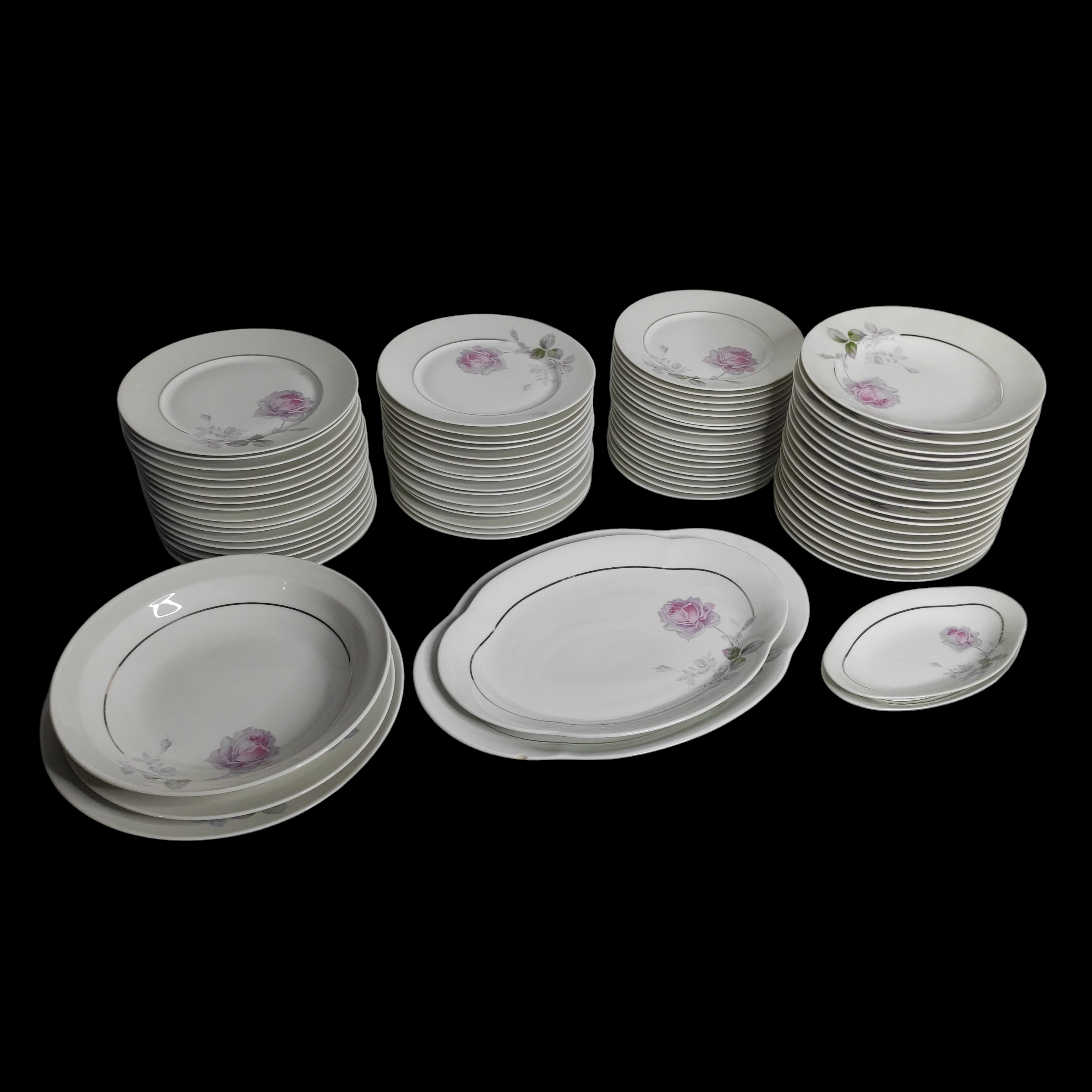 HAVILAND LIMOGES SERVICE DE TABLE 77 PIECES DECOR ROSE LISERE ARGENTE (EN LETAT)