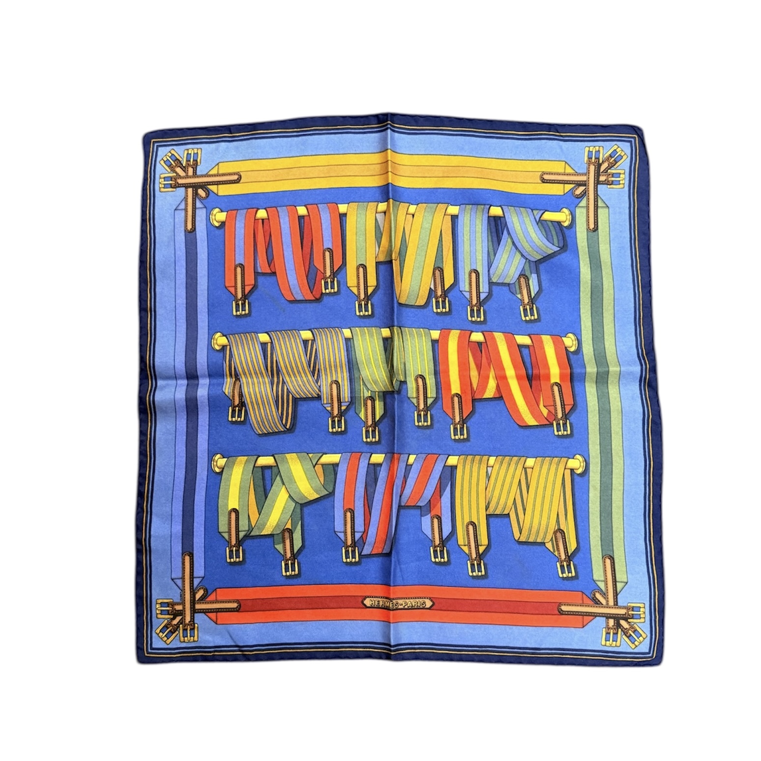 HERMES GAVROCHE LES SANGLES DE JOACHIM METZ FOND BLEU