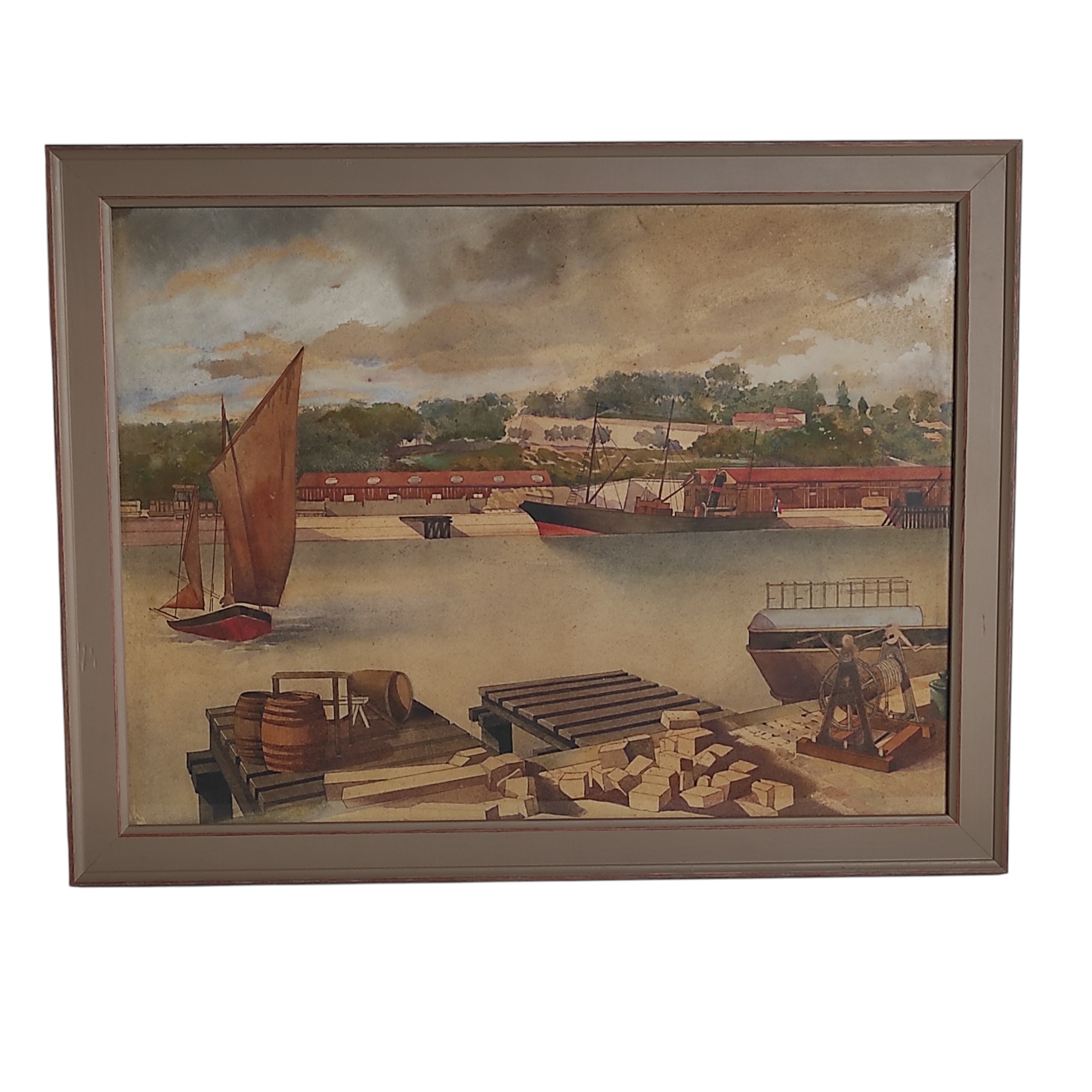 AQUARELLE ANCIENNE LE PORT DE BAYONNE 45 x 35 CM