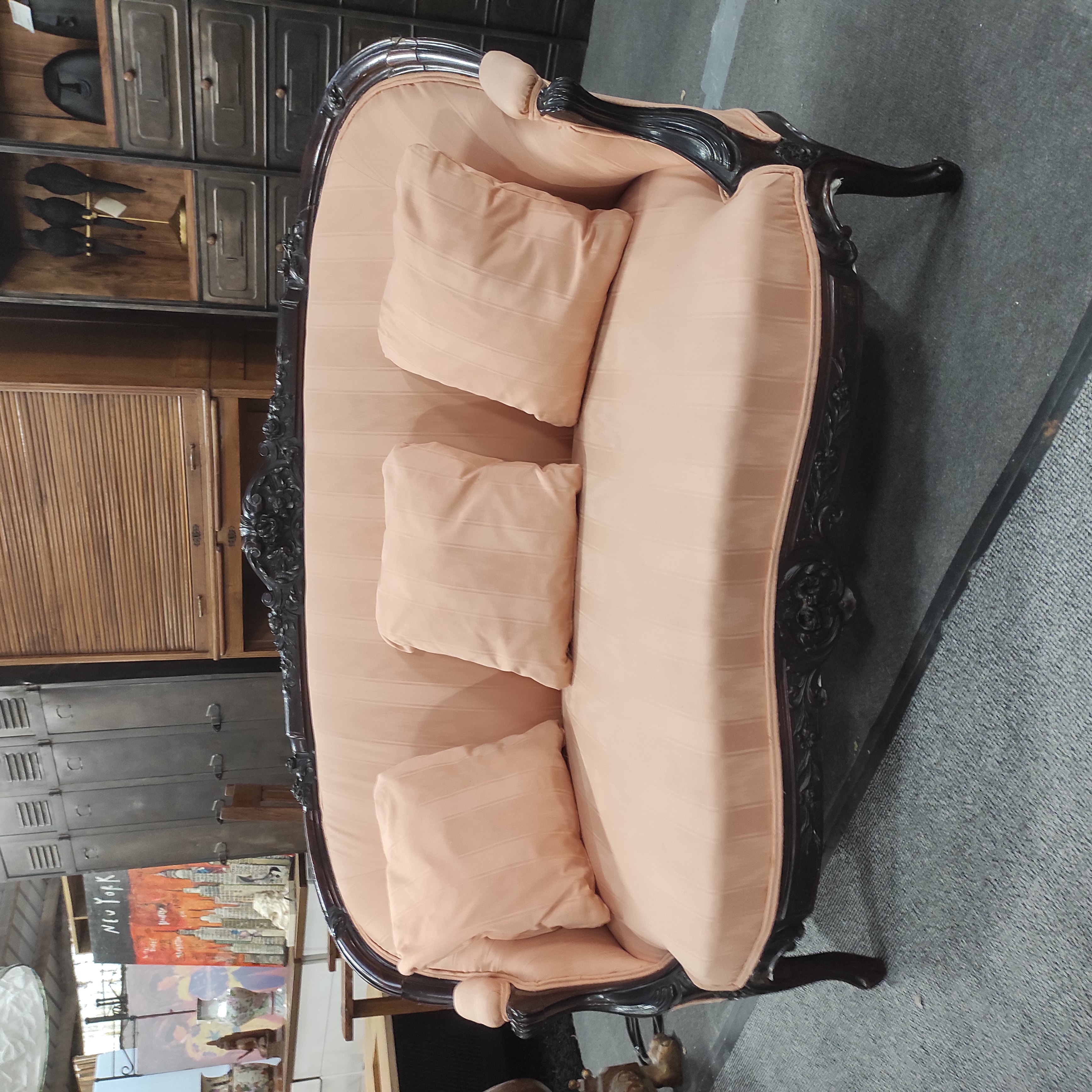 CANAPE CORBEILLE NAPOLEON III TISSU SAUMON 148/90/80 CM EN L ETAT