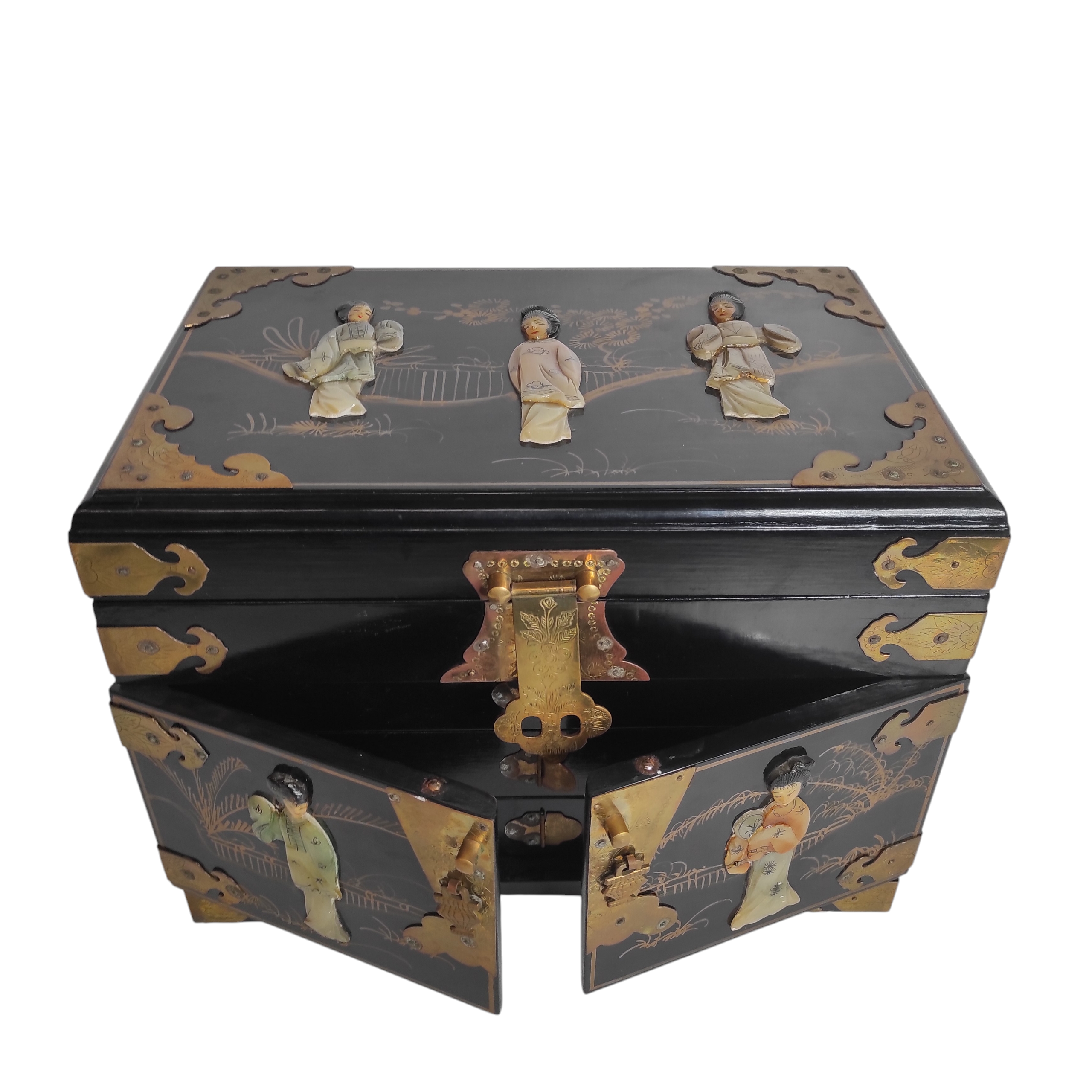 BOITE A BIJOUX CHINOISE INCRUSTATIONS DE PIERRE TENDRES 36 x 26 x 23 CM