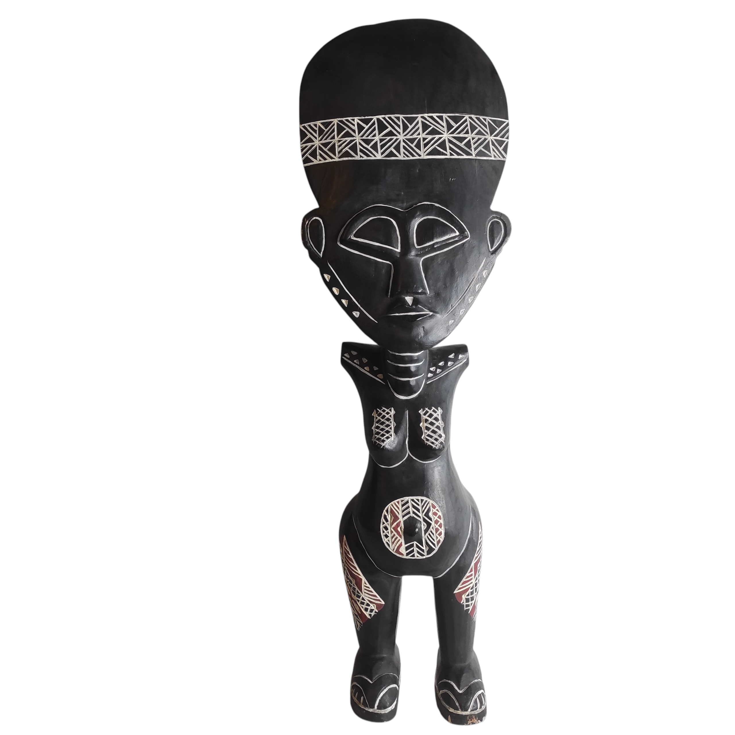 STATUE AFRICAINE A TETE PLATE EN BOIS NOIR ET SCARIFICATIONS H 105 CM