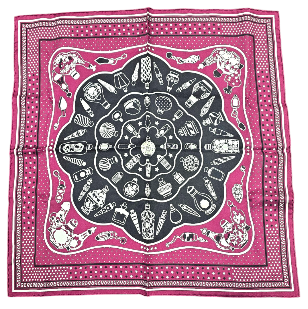 HERMES BANDANA 55 FLACONS DE CATHERINE BASCHET 3 COULEURS + BOITE
