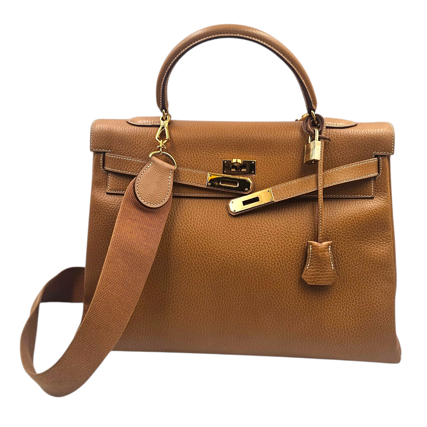 HERMES SAC KELLY 32 CUIR DE VACHE GRAINE GOLD GHW + BANDOULIERE CIRCA 1996