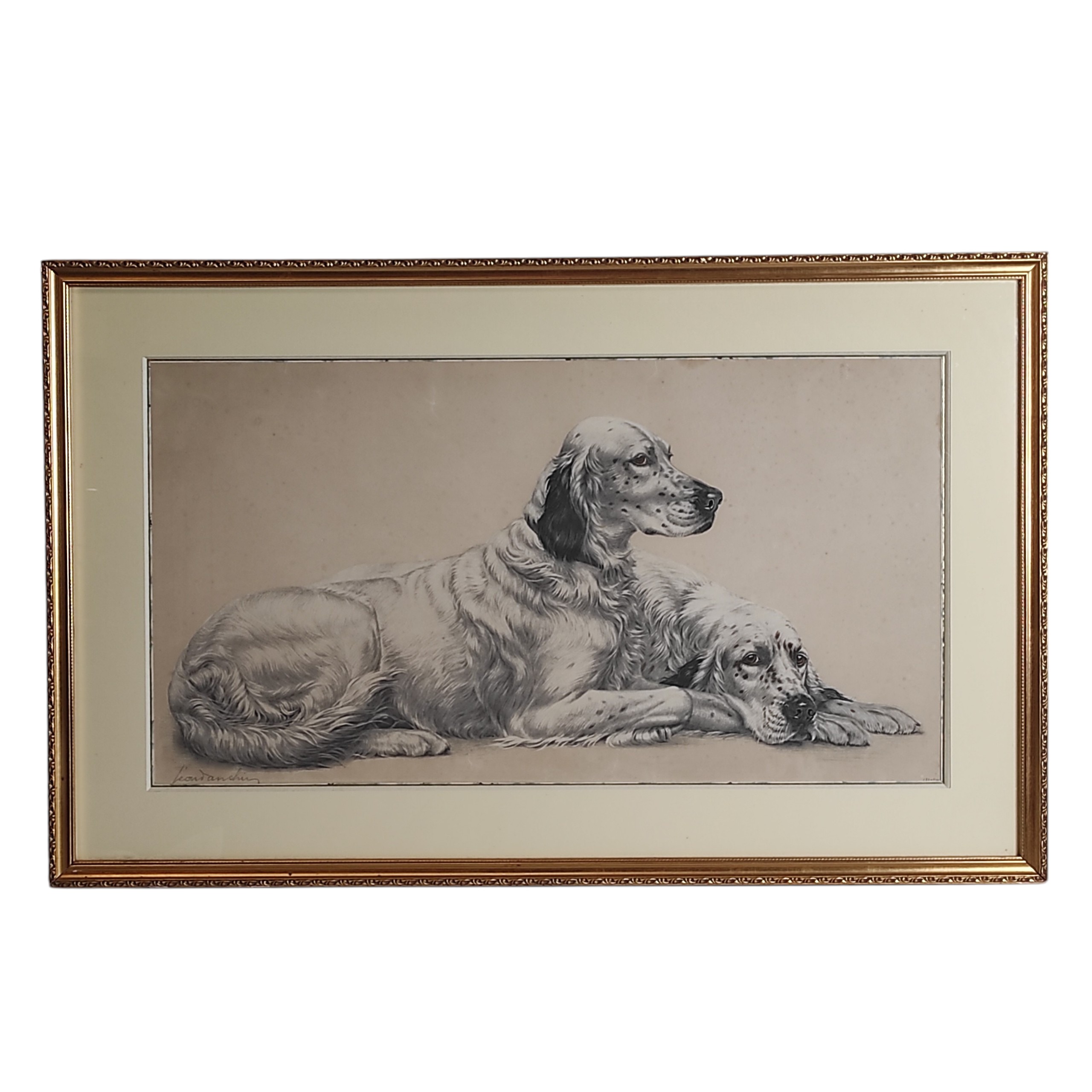 LEON DANCHIN LITHOGRAPHIE COUPLE DE CHIENS ASSIS 110 x 69 CM