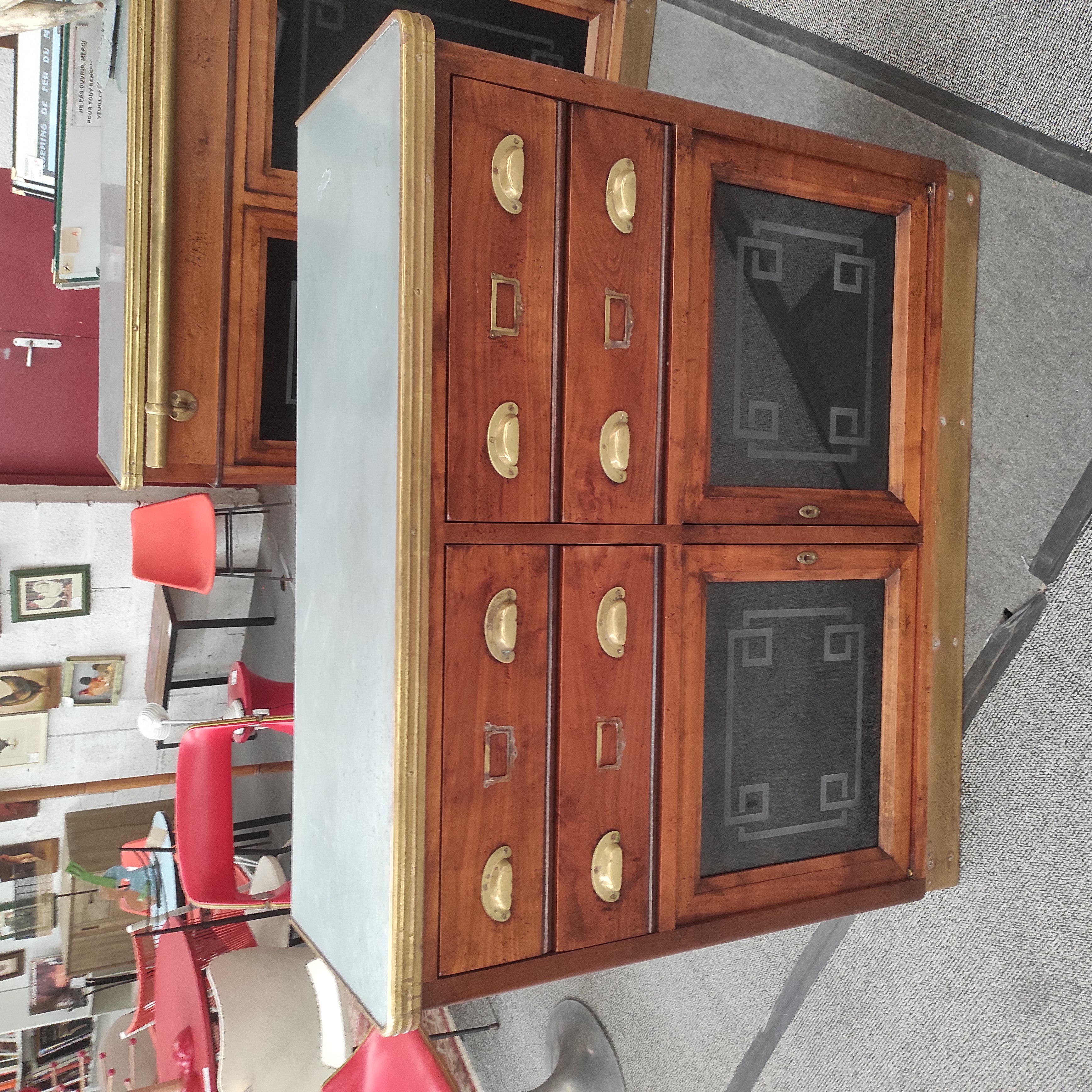 ROCHE BOBOIS MEUBLE 2 PORTES 4 TIROIRS EN MERISIER ET PLATEAU ZINC 112/81/40 CM