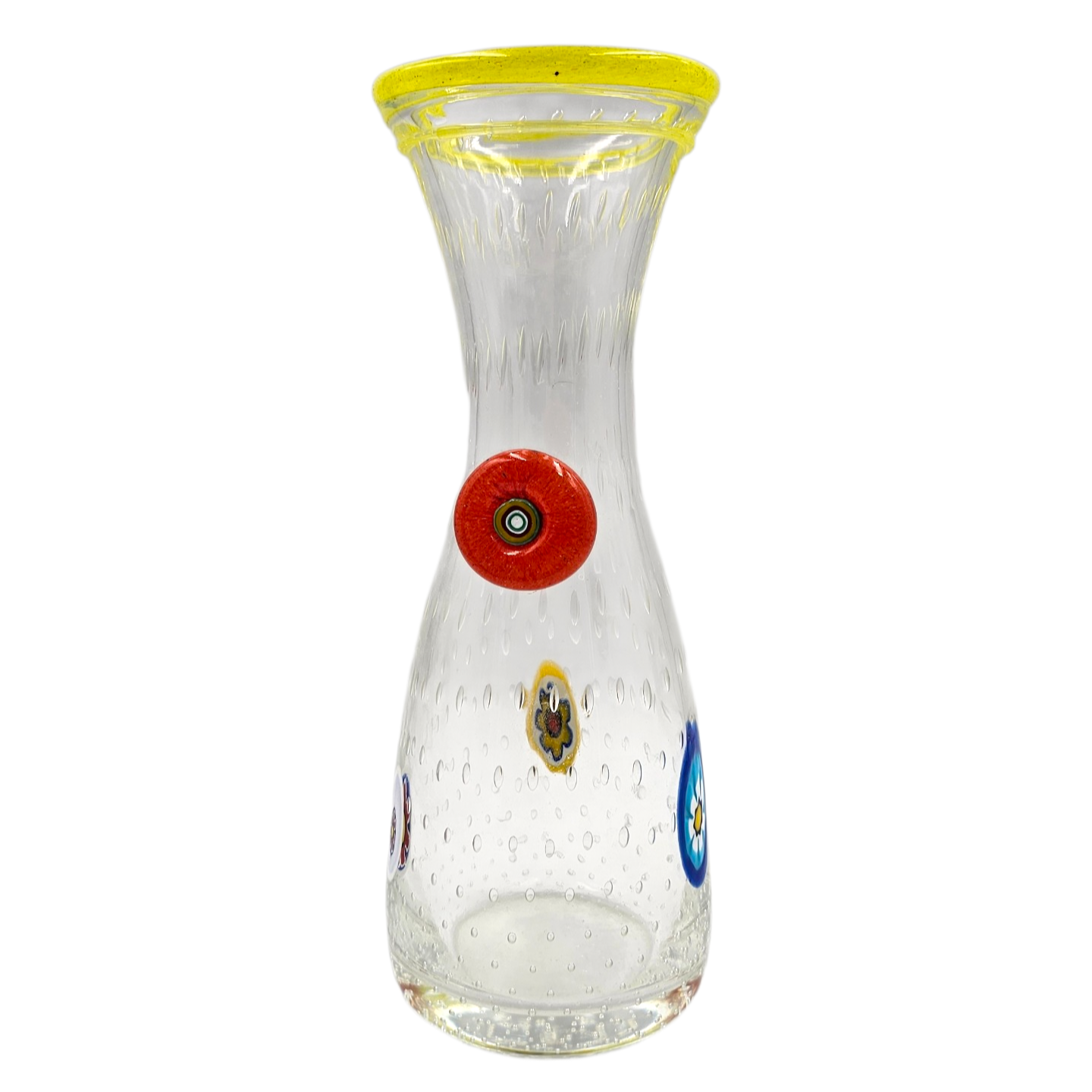 GAMBARRO & POGGI CARAFE OU VASE EN VERRE DE MURANO MILLEFIORI COL JAUNE
