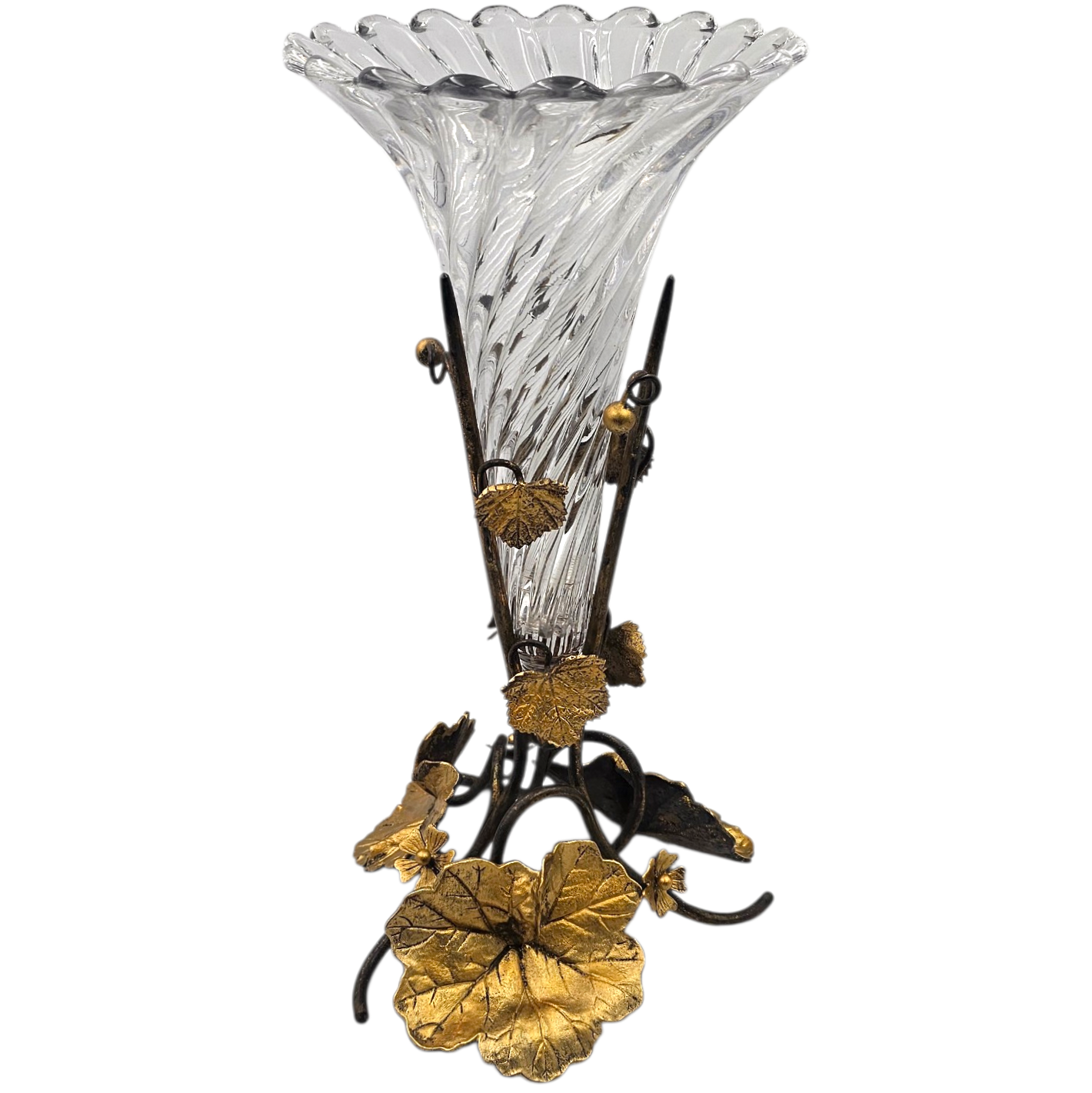 VASE CORNET EN CRISTAL SUR SOCLE EN LAITON A DECOR DE VIGNE