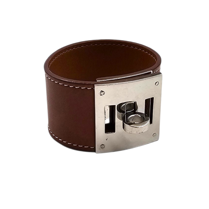HERMES BRACELET MANCHETTE KELLY DOG EN CUIR SWIFT COGNAC PHW