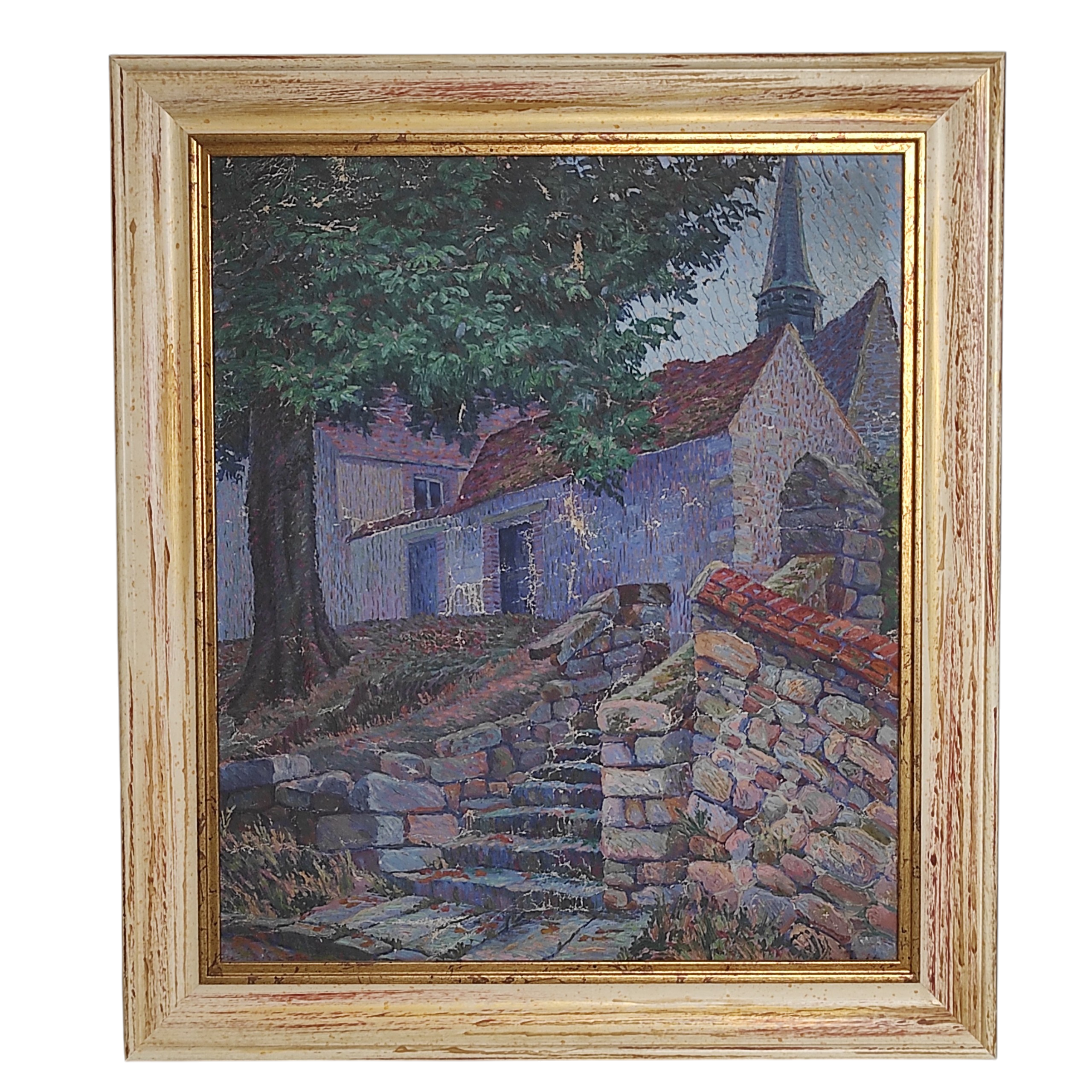 HST POINTILLISTE VUE DE CLOCHER EN L ETAT46 x 54 CM HC