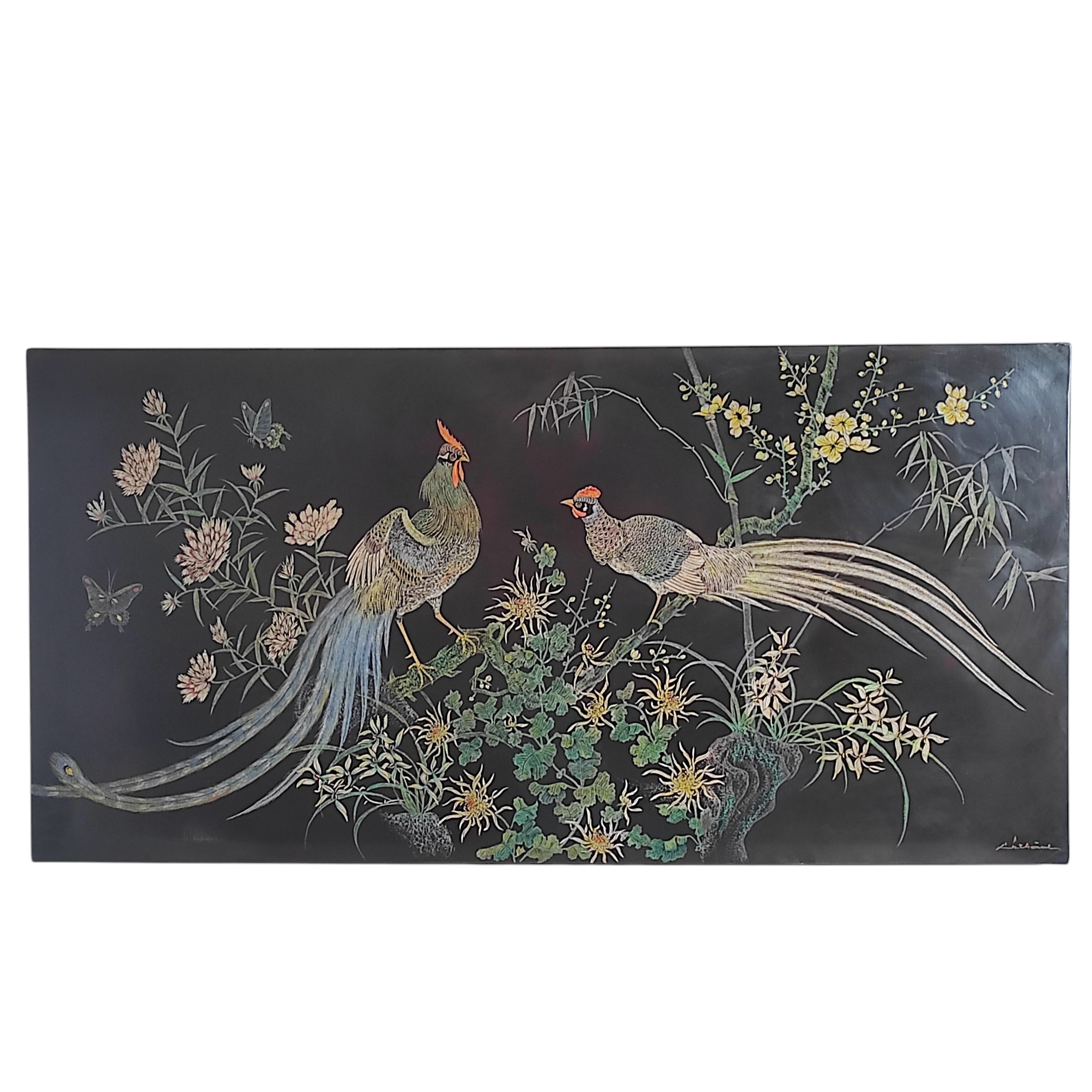 PANNEAU LAQUE ORIENTAL A DECOR D OISEAUX 122 x 61 CM